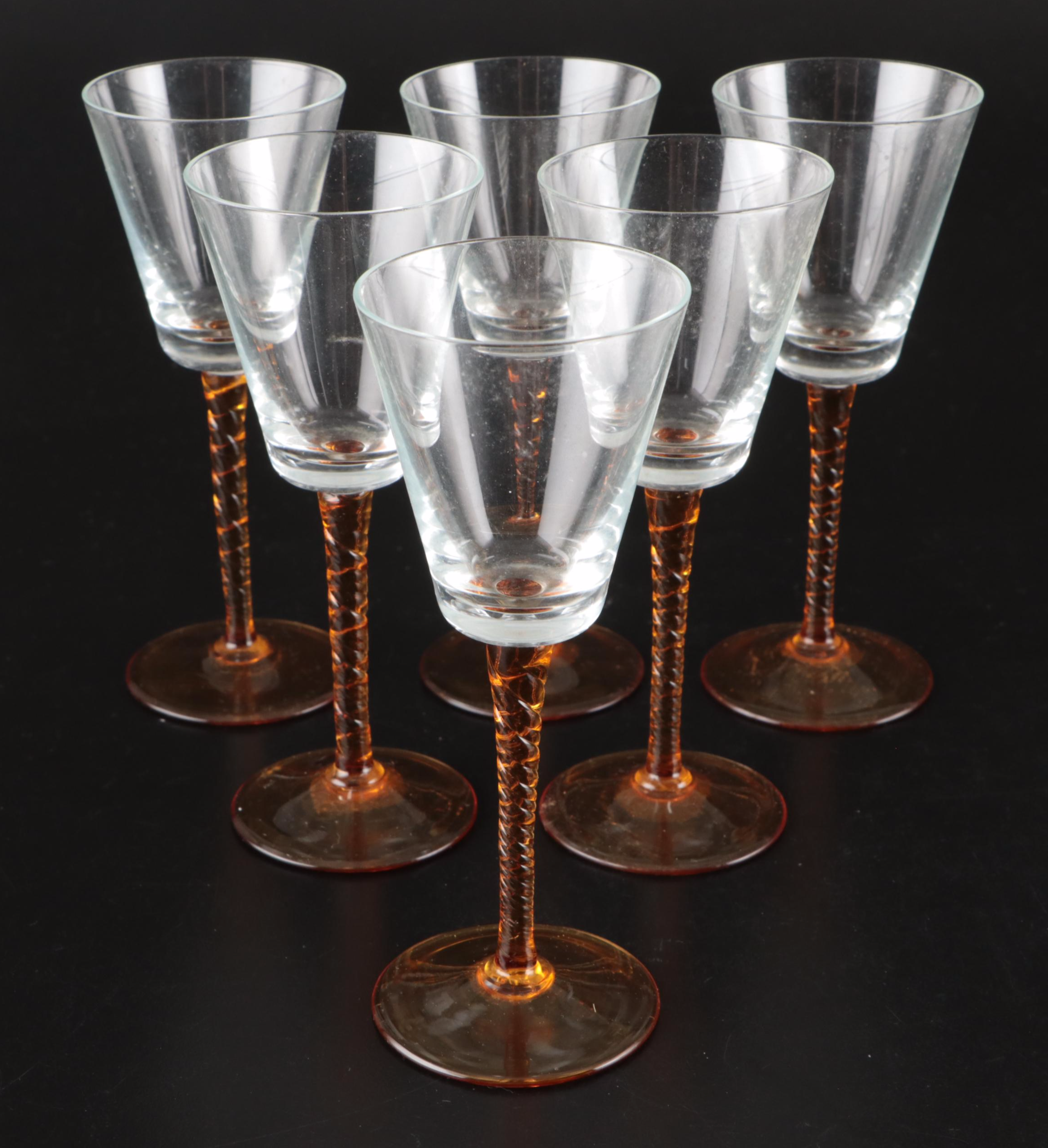 Enamelled Glass Tumblers with Amber Stemmed Cocktail Glasses