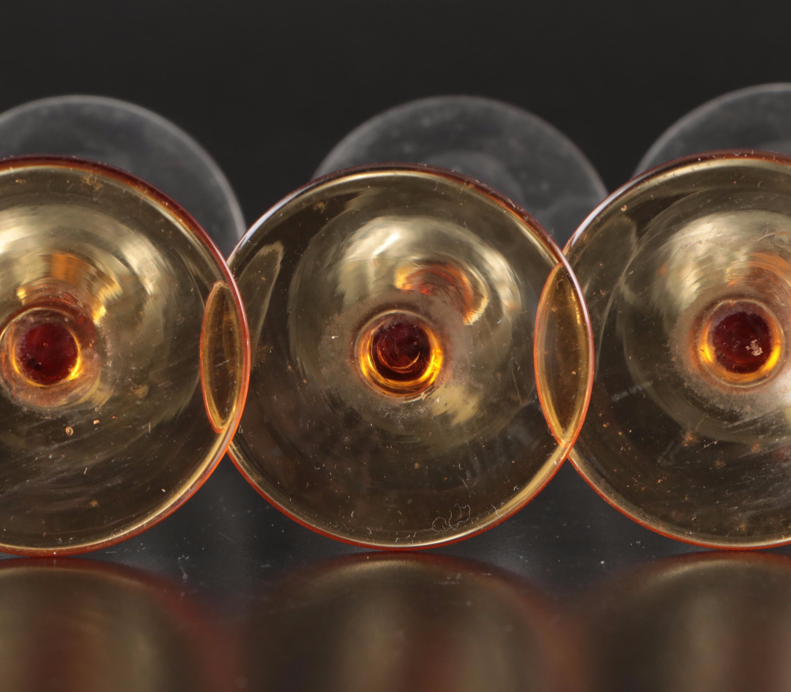 Enamelled Glass Tumblers with Amber Stemmed Cocktail Glasses