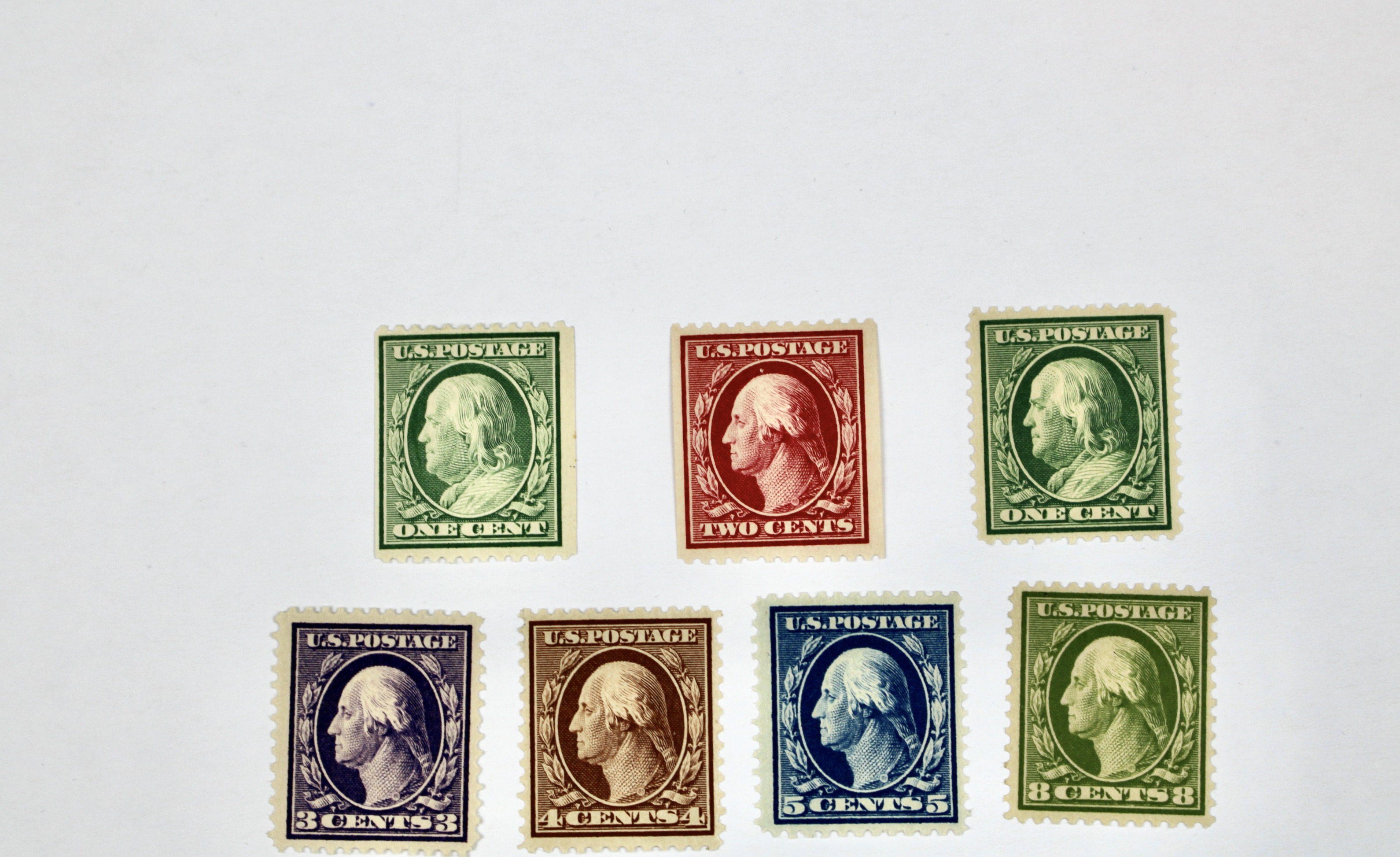 Twelve Mint Hinged Washington Franklin Postage Stamp Series, Scott 348 to 540