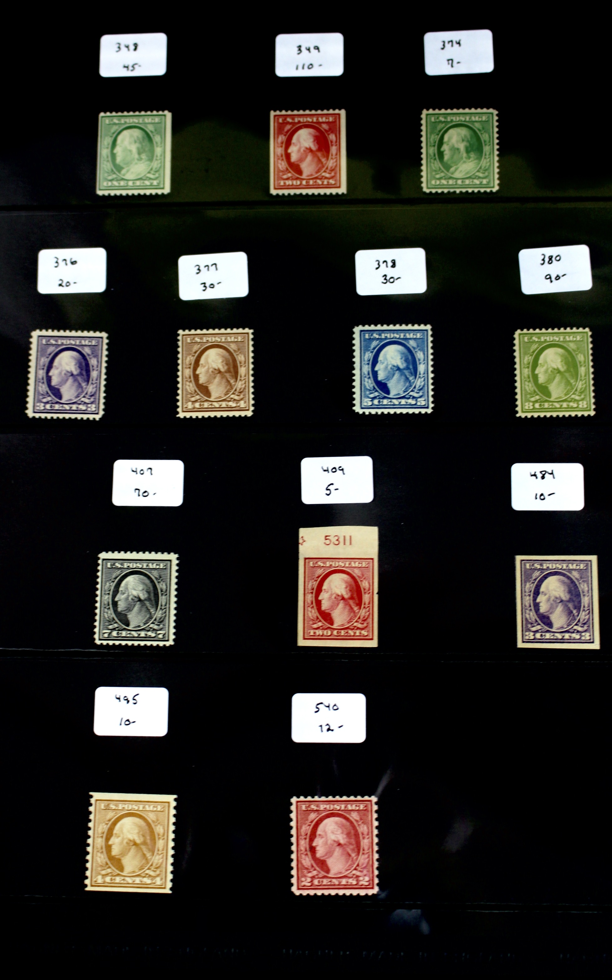 Twelve Mint Hinged Washington Franklin Postage Stamp Series, Scott 348 to 540