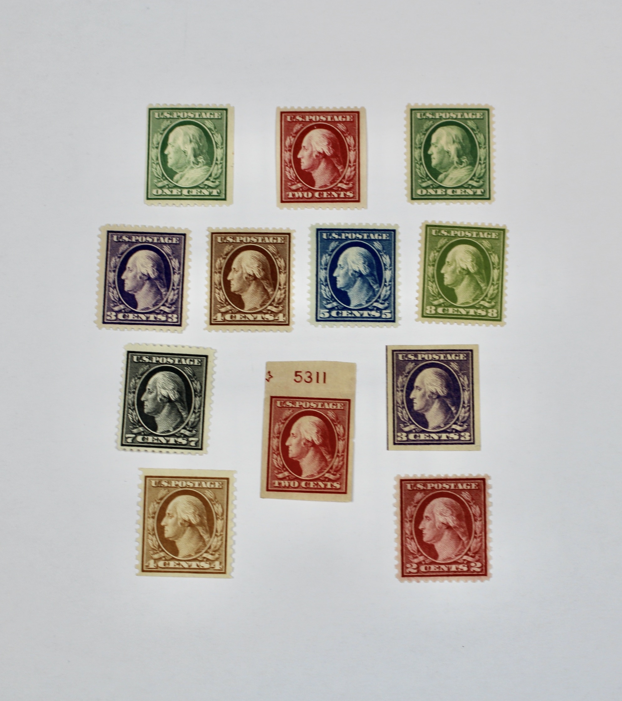 Twelve Mint Hinged Washington Franklin Postage Stamp Series, Scott 348 to 540