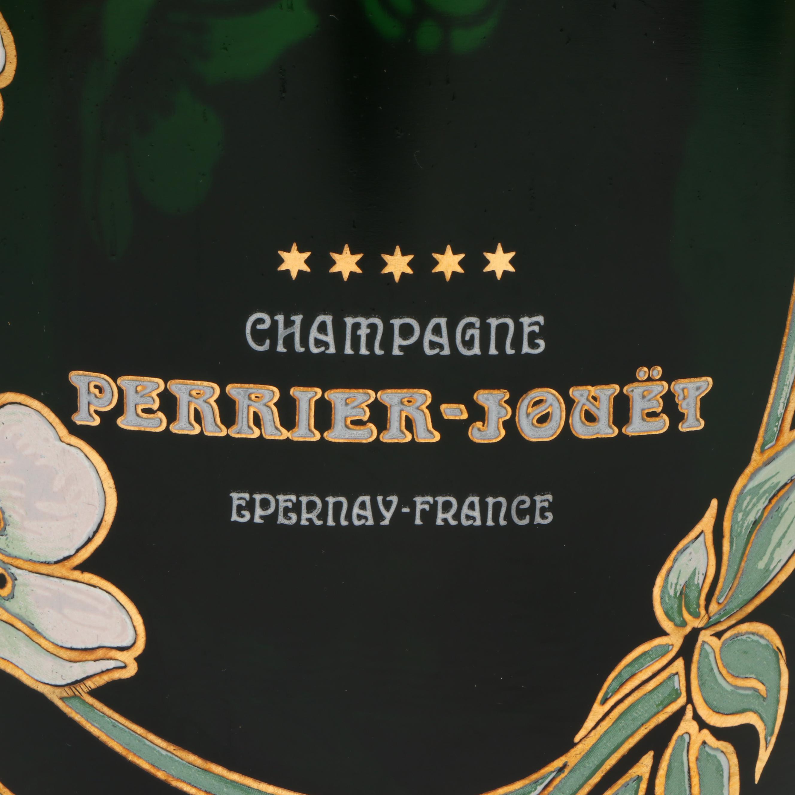 French Perrier-Jouët Hand-Painted Emerald Glass Champagne Bucket and Bottle