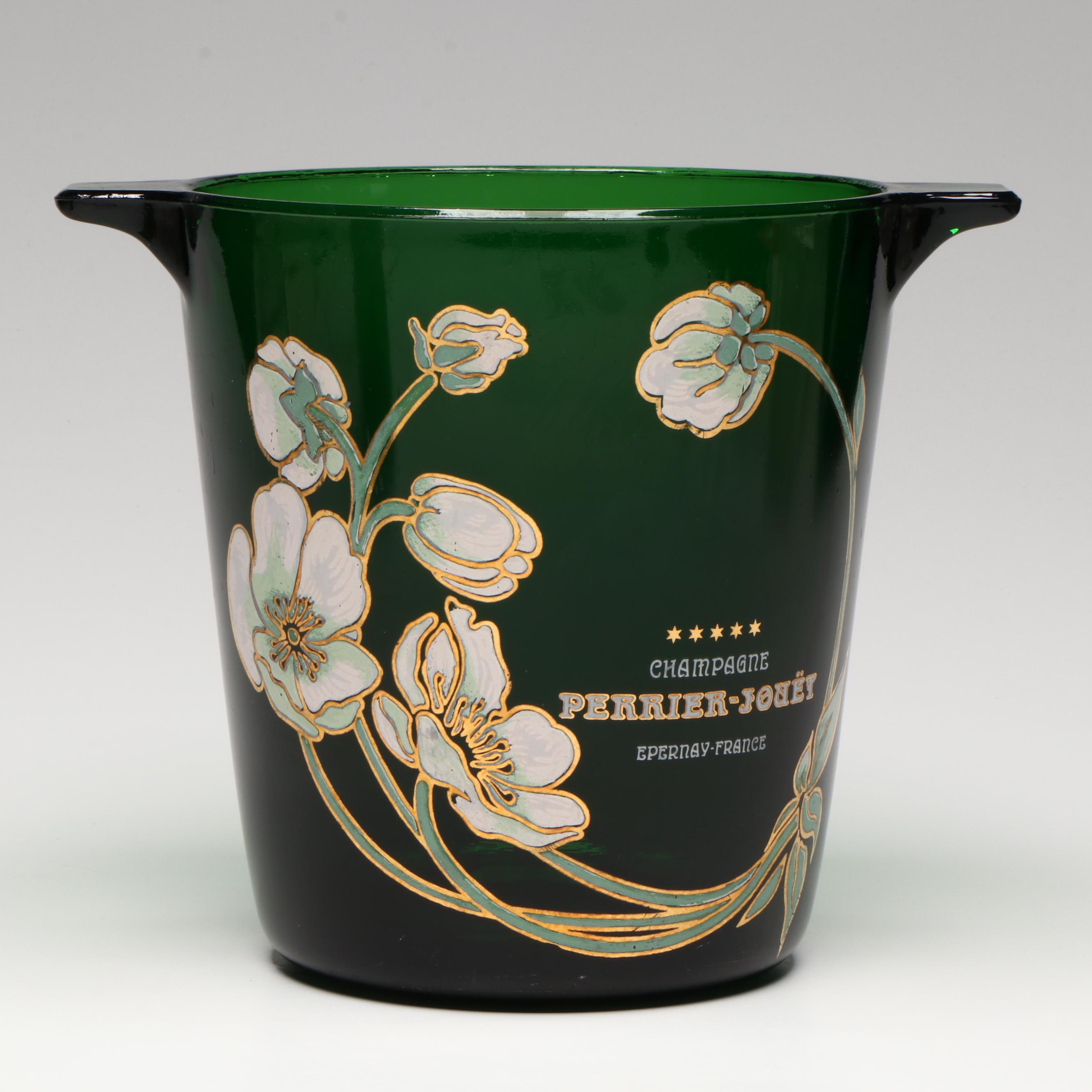French Perrier-Jouët Hand-Painted Emerald Glass Champagne Bucket and Bottle