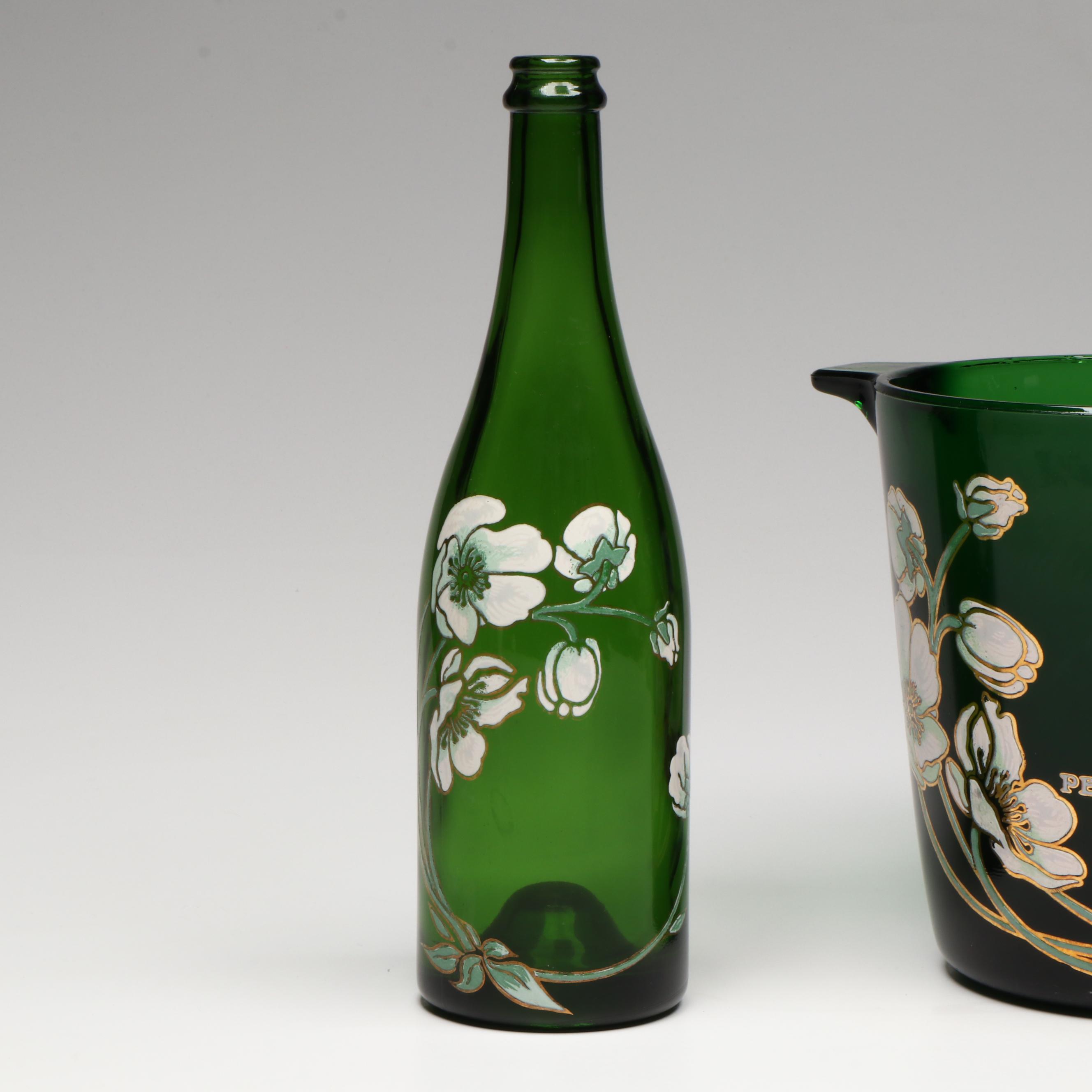 French Perrier-Jouët Hand-Painted Emerald Glass Champagne Bucket and Bottle