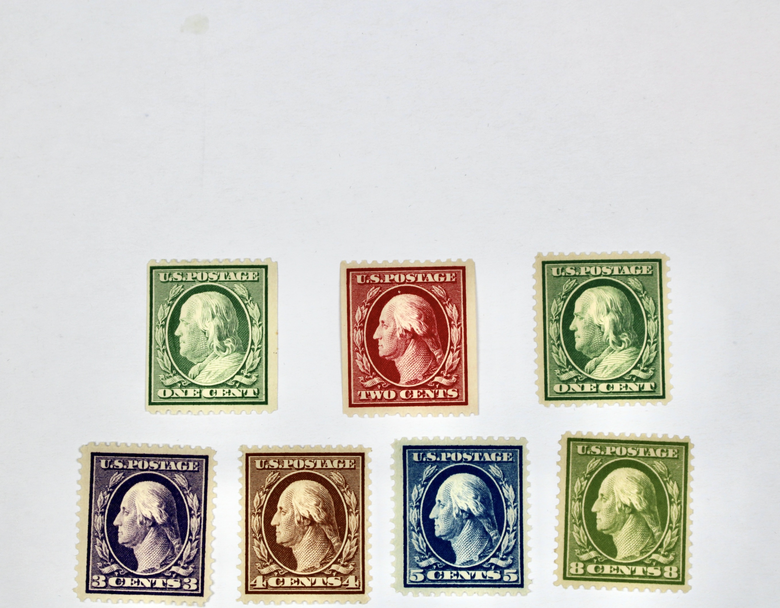 Twelve Mint Hinged Washington Franklin Postage Stamp Series, Scott 348 to 540