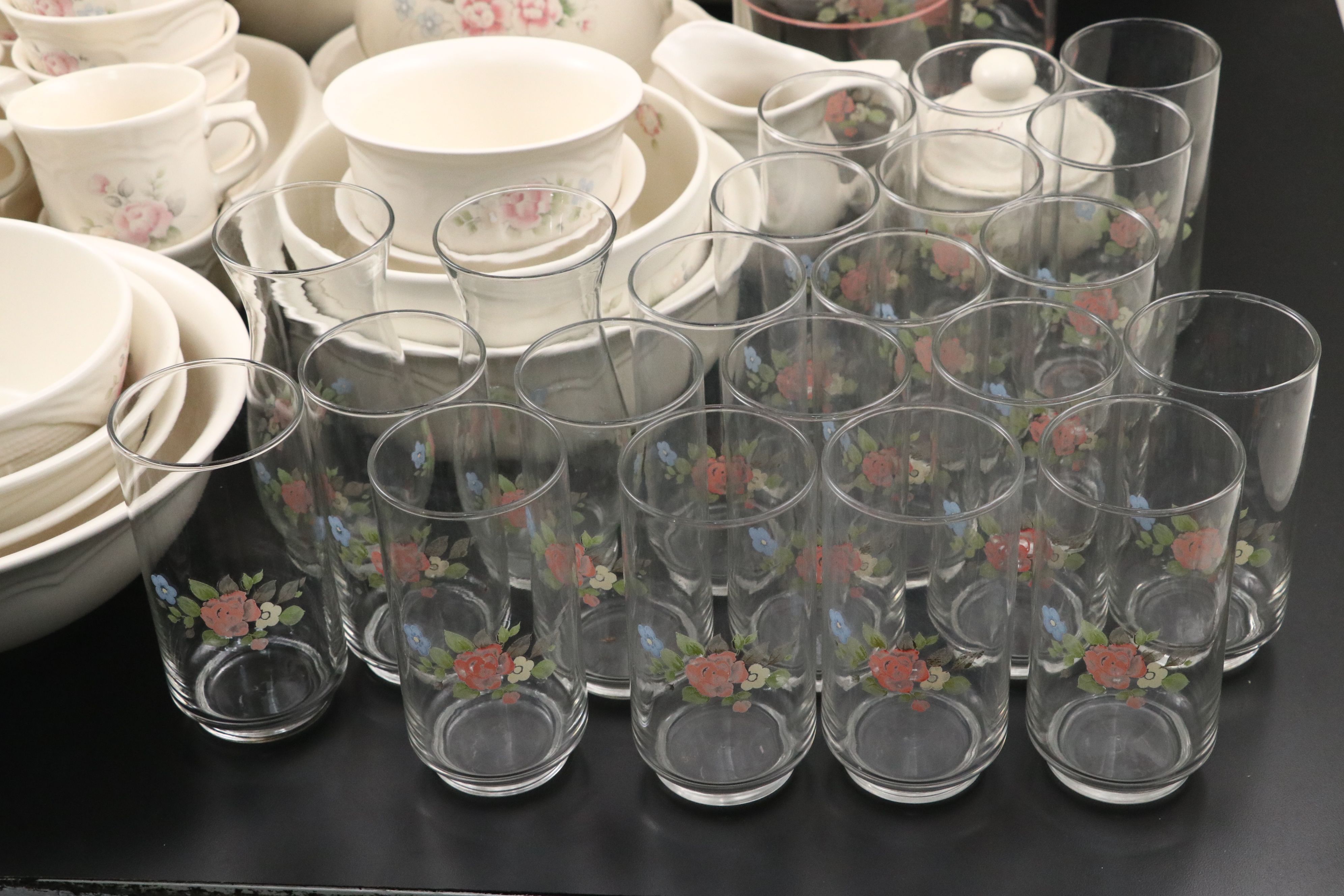 Pflatzgraff "Tea Rose" Ceramic, Glass, and Plastic Dinnerware with Fabric Cover