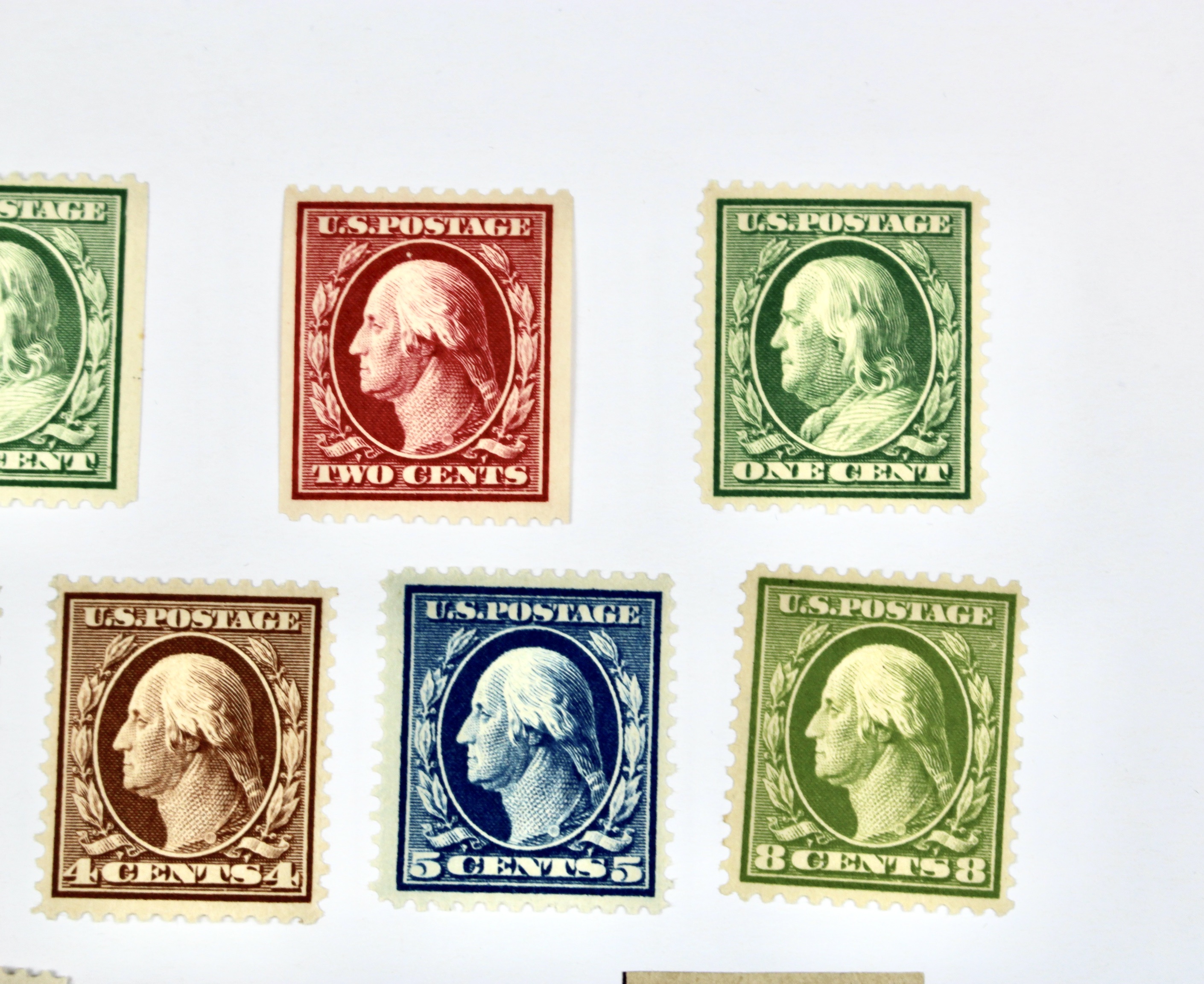 Twelve Mint Hinged Washington Franklin Postage Stamp Series, Scott 348 to 540