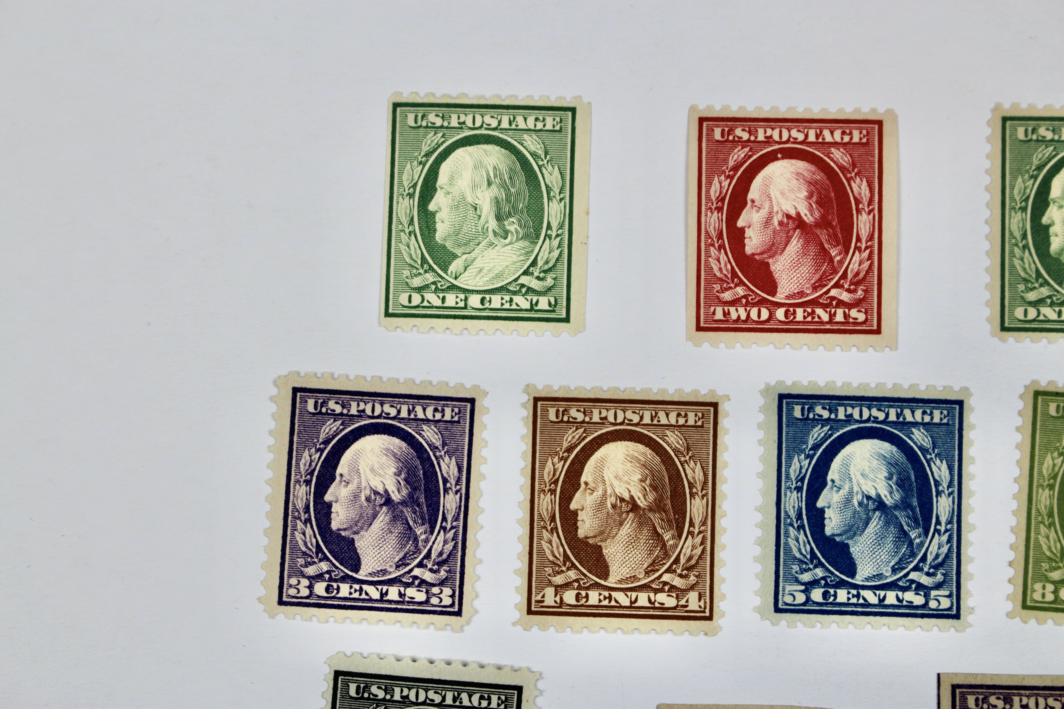 Twelve Mint Hinged Washington Franklin Postage Stamp Series, Scott 348 to 540
