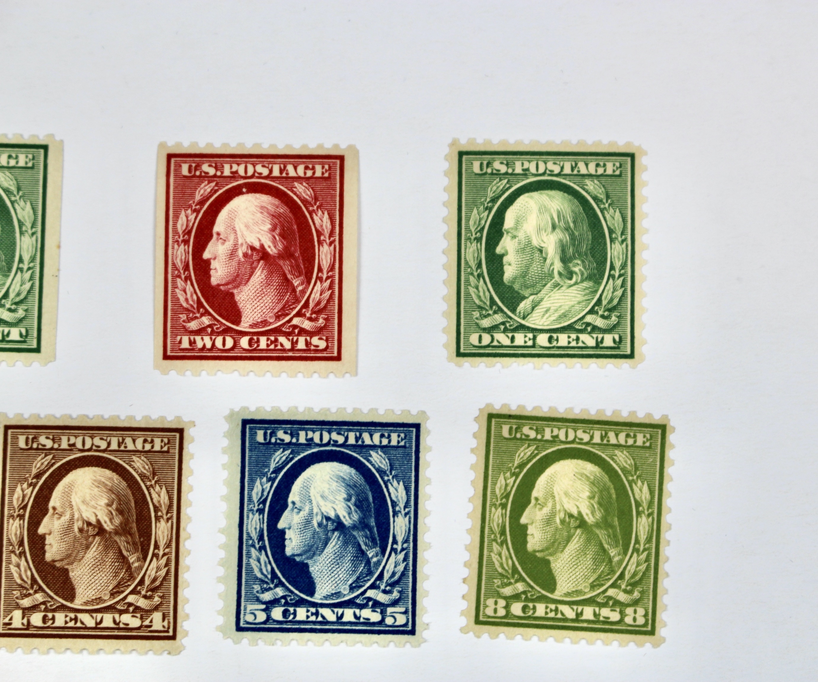 Twelve Mint Hinged Washington Franklin Postage Stamp Series, Scott 348 to 540