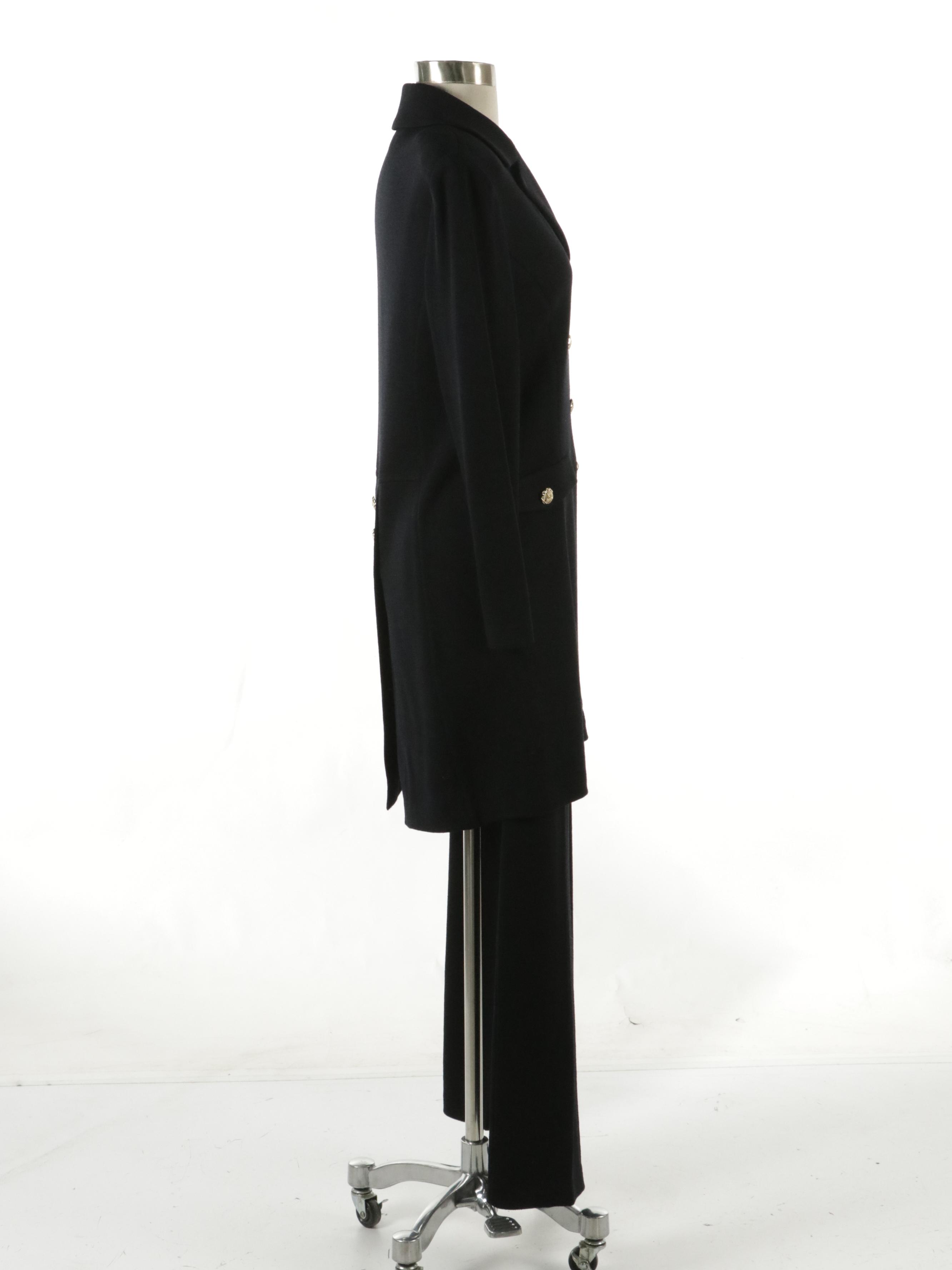 St. John Collection Black Knit Long Button Front Jacket and Straight-Leg Pants