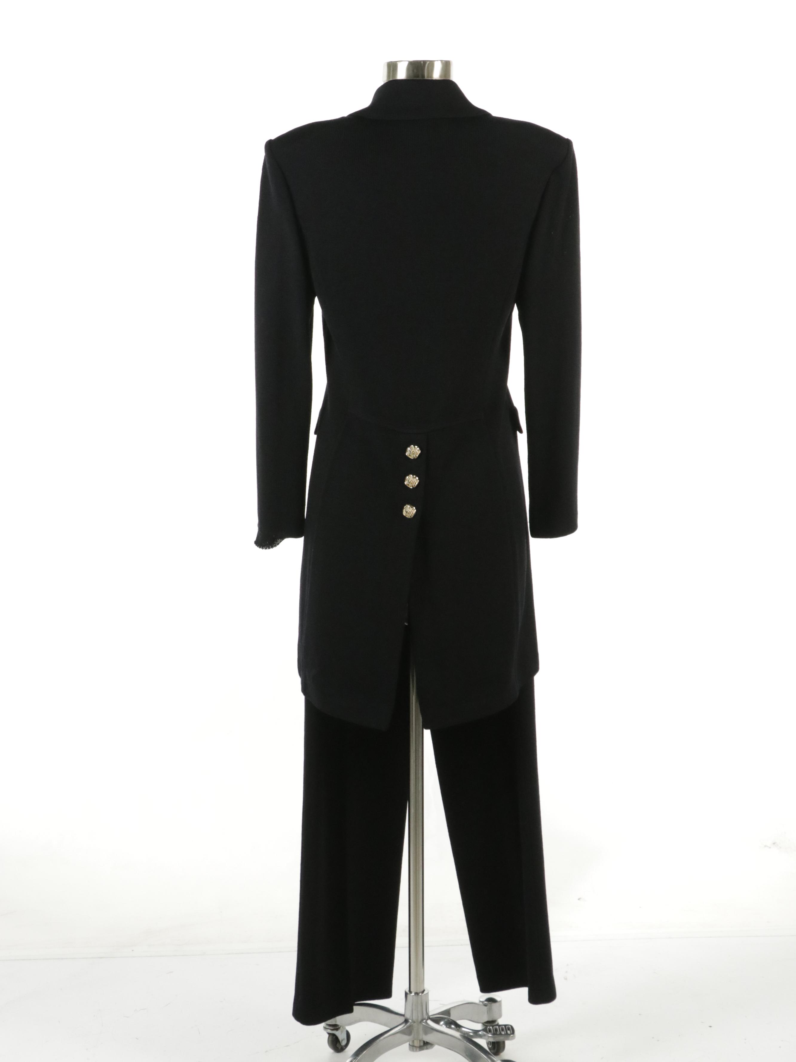 St. John Collection Black Knit Long Button Front Jacket and Straight-Leg Pants