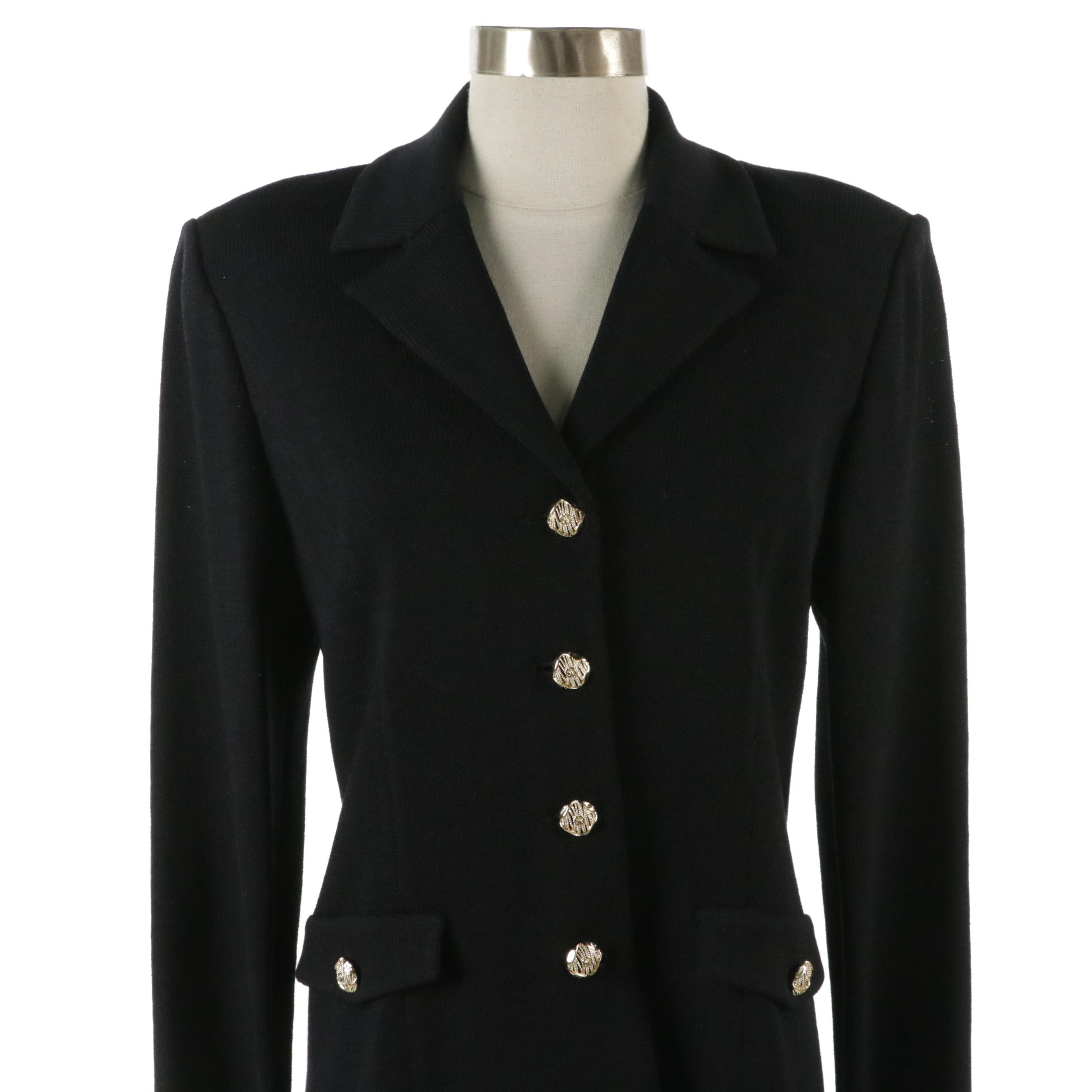 St. John Collection Black Knit Long Button Front Jacket and Straight-Leg Pants