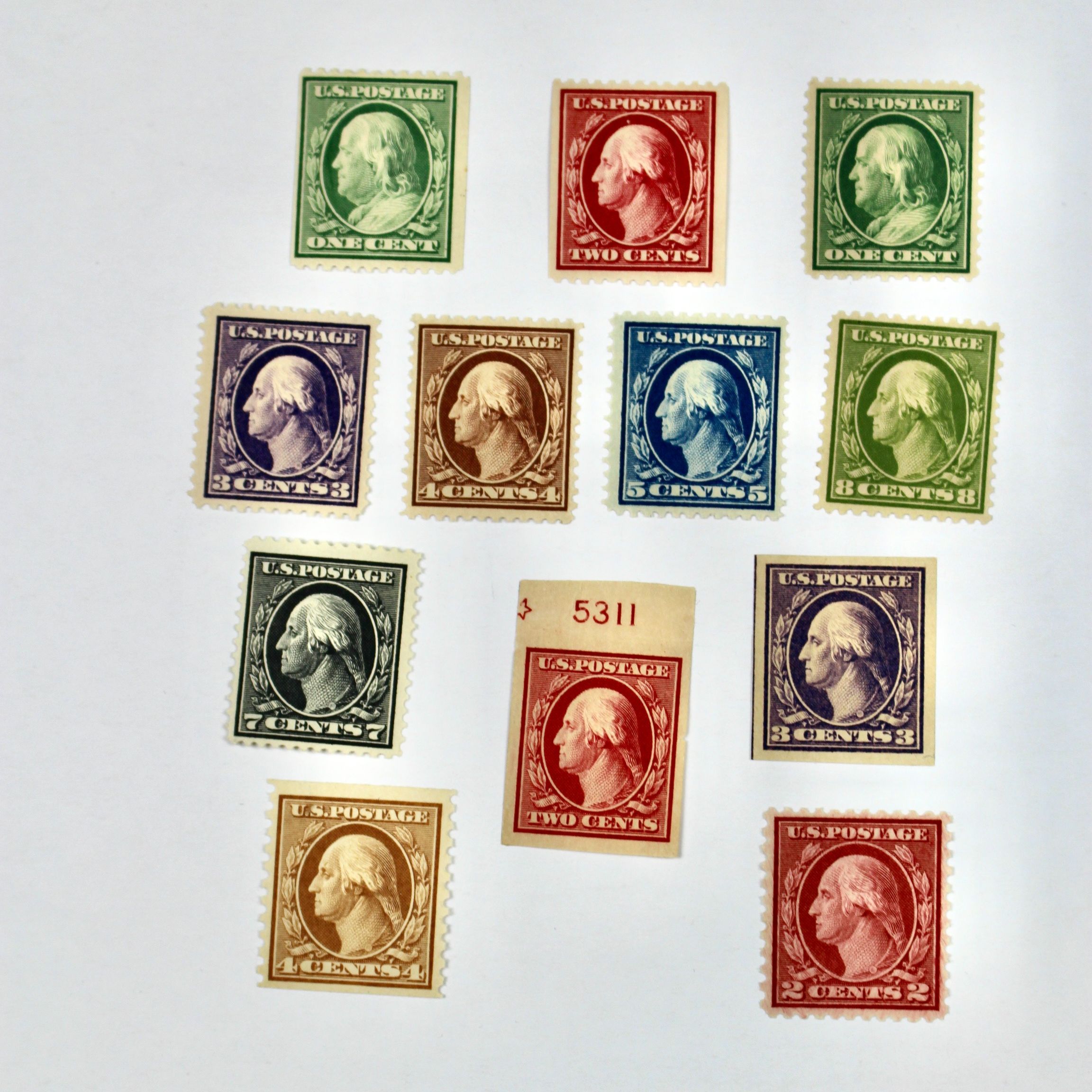 Twelve Mint Hinged Washington Franklin Postage Stamp Series, Scott 348 to 540