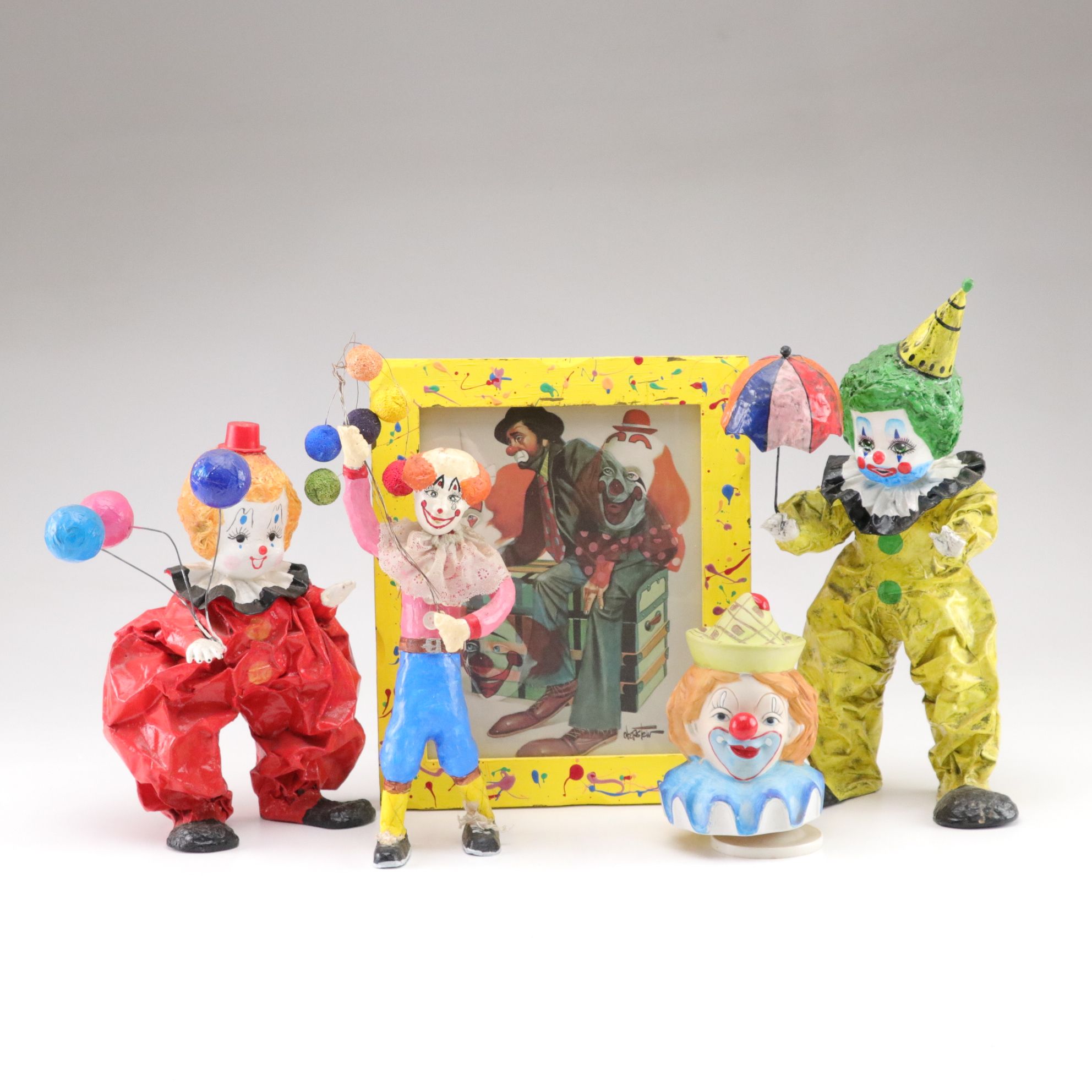 Papier-Mâché Clowns with Balloons and Umbrellas, Musical Figure and Wall Art