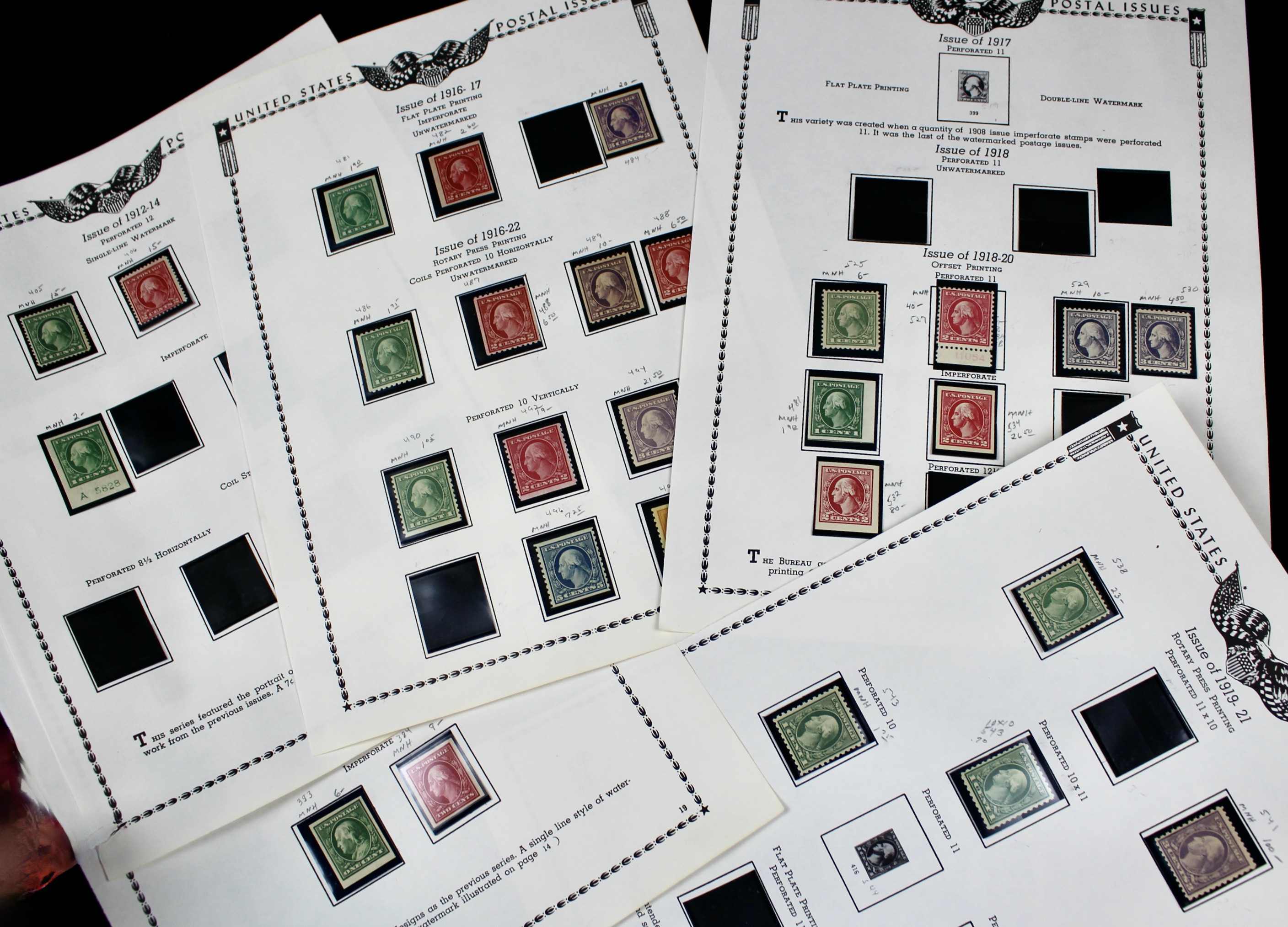 Twenty-Nine MNH Washington Franklin U.S. Postage Stamps, 1911 to 1921