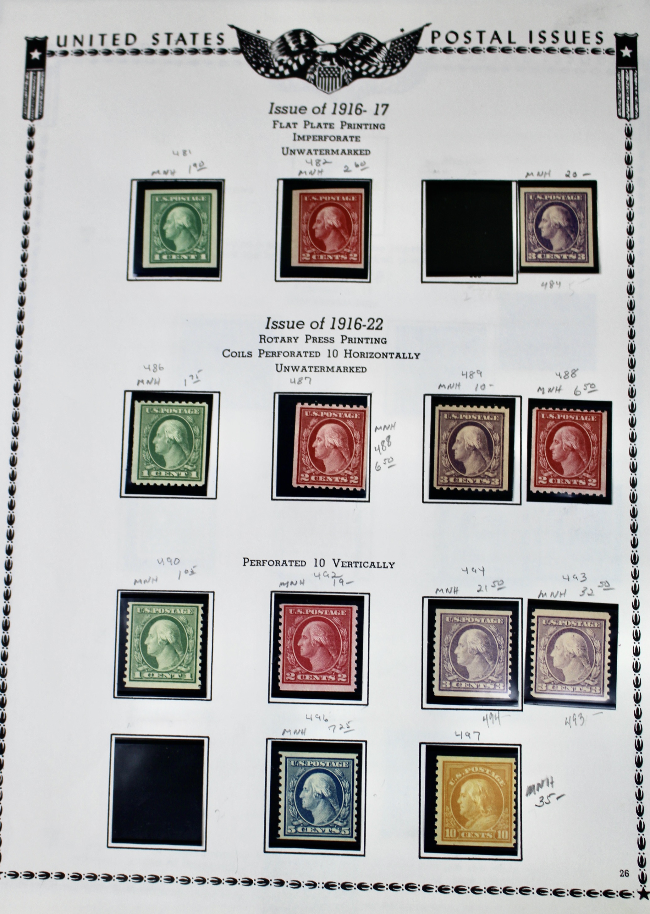 Twenty-Nine MNH Washington Franklin U.S. Postage Stamps, 1911 to 1921