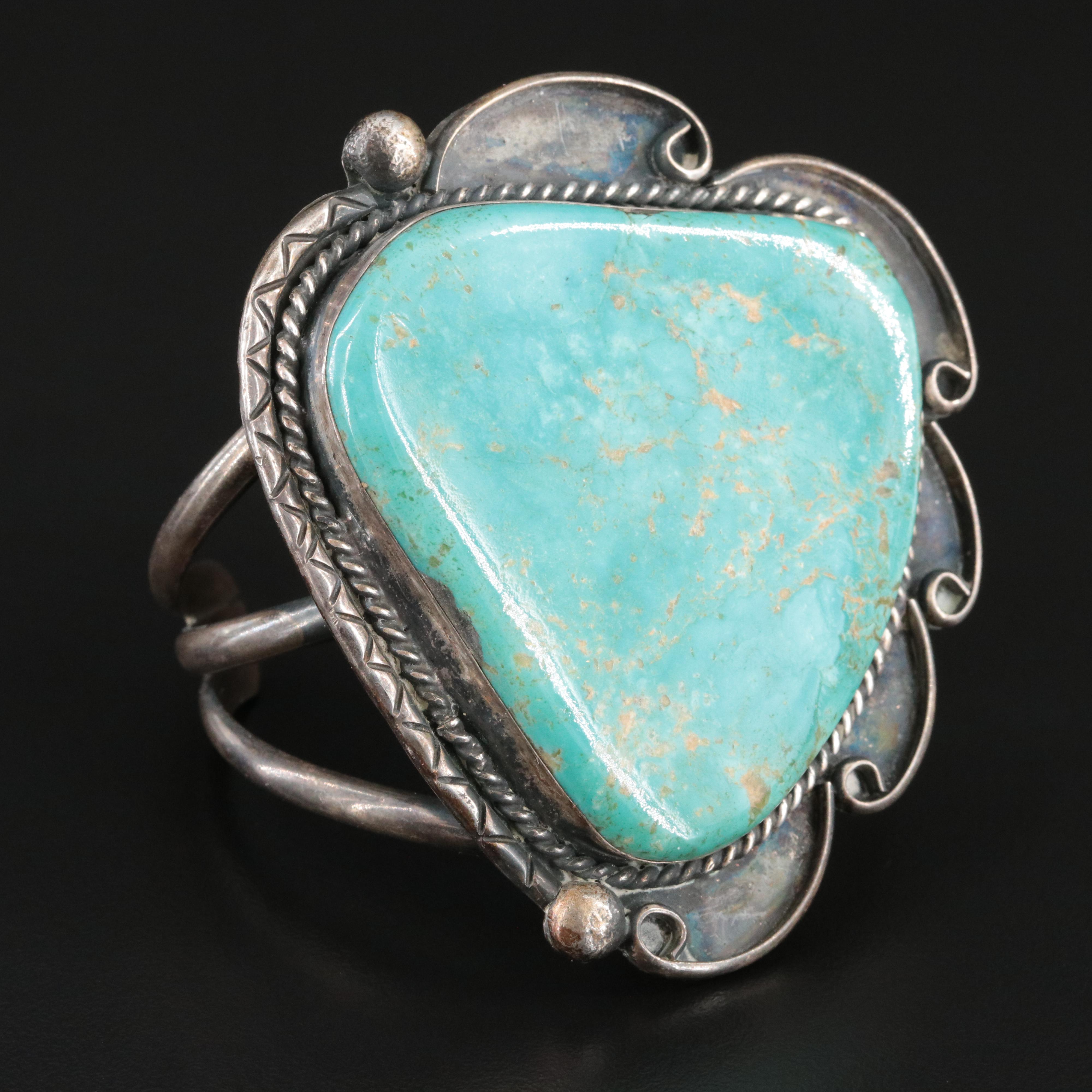 Southwestern Signed Sterling Turquoise Cuff Bracelet