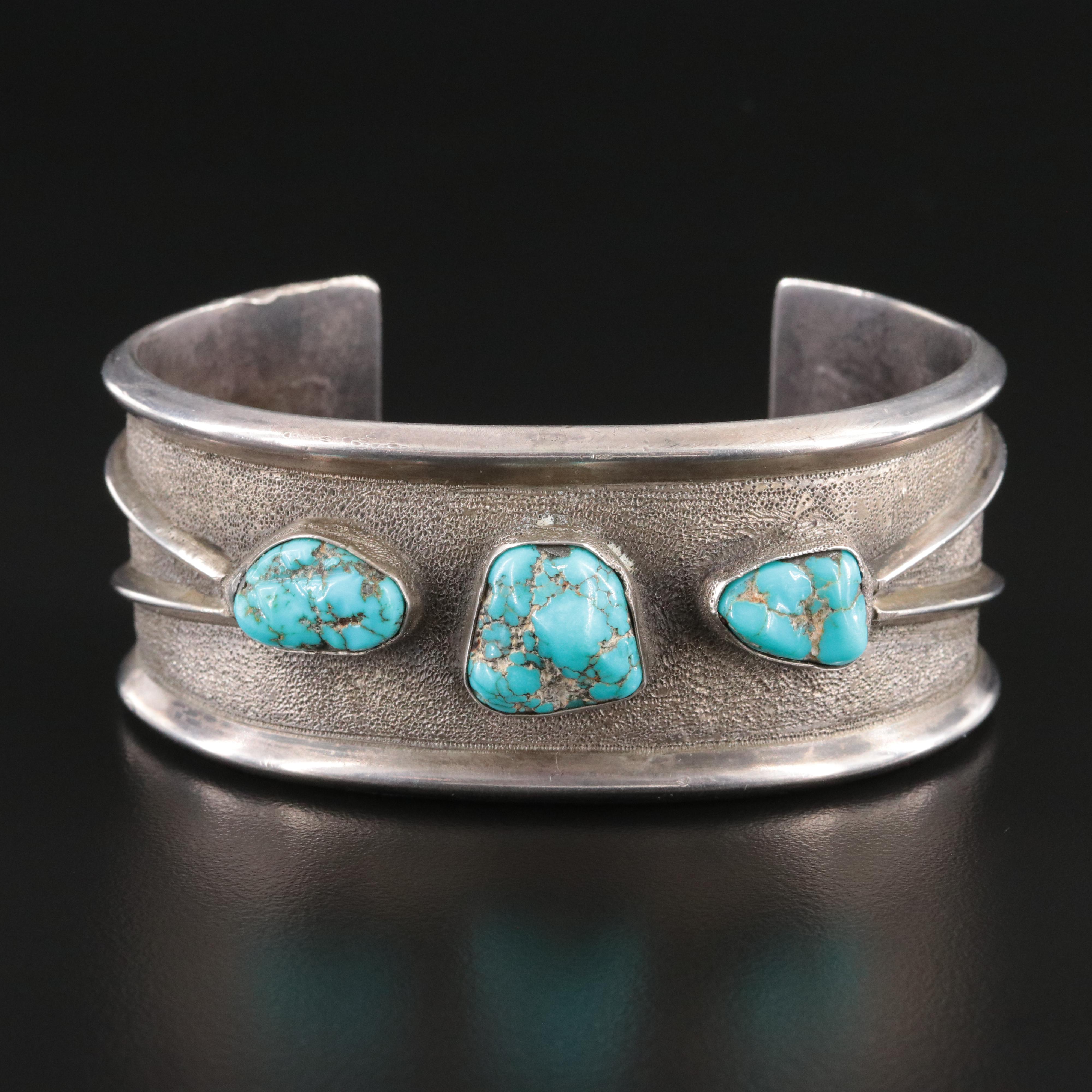 Southwestern Signed Sterling Turquoise Cuff Bracelet