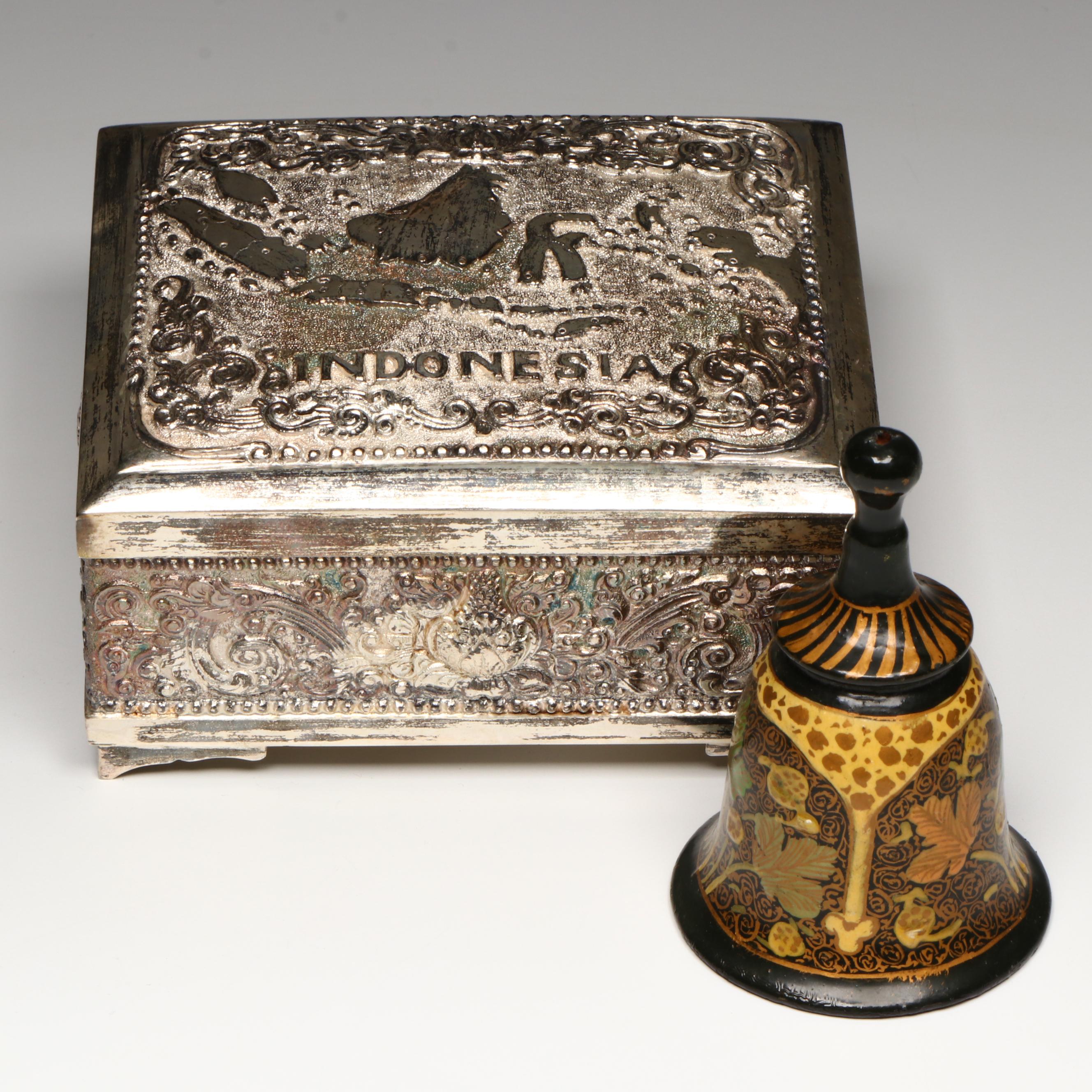 Indonesian 800 Silver Presentation Box with Hand-Painted Wooden Bell