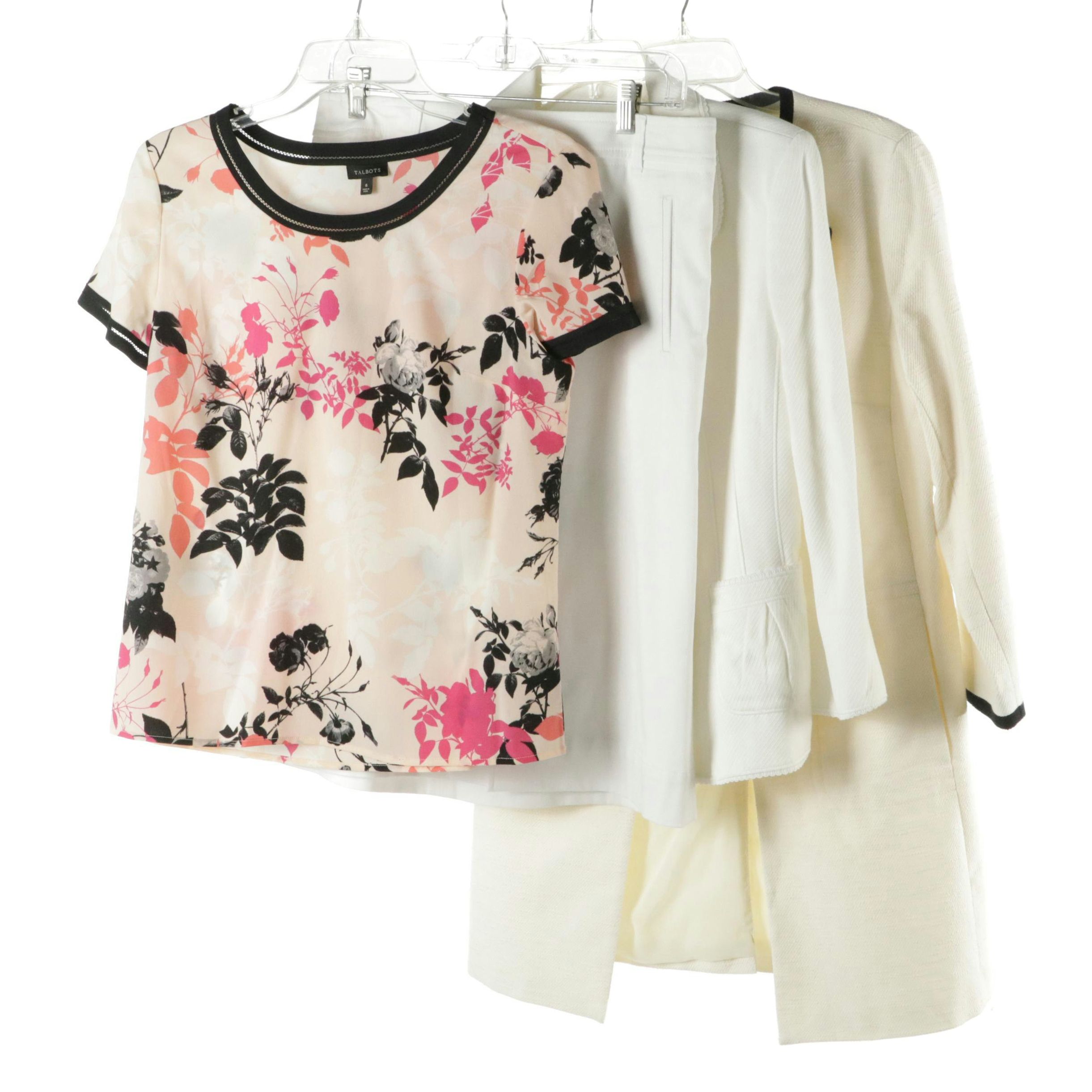 Talbots Floral Blouse, White Cotton Skirt and Coat, Ann Taylor Textured Blazer
