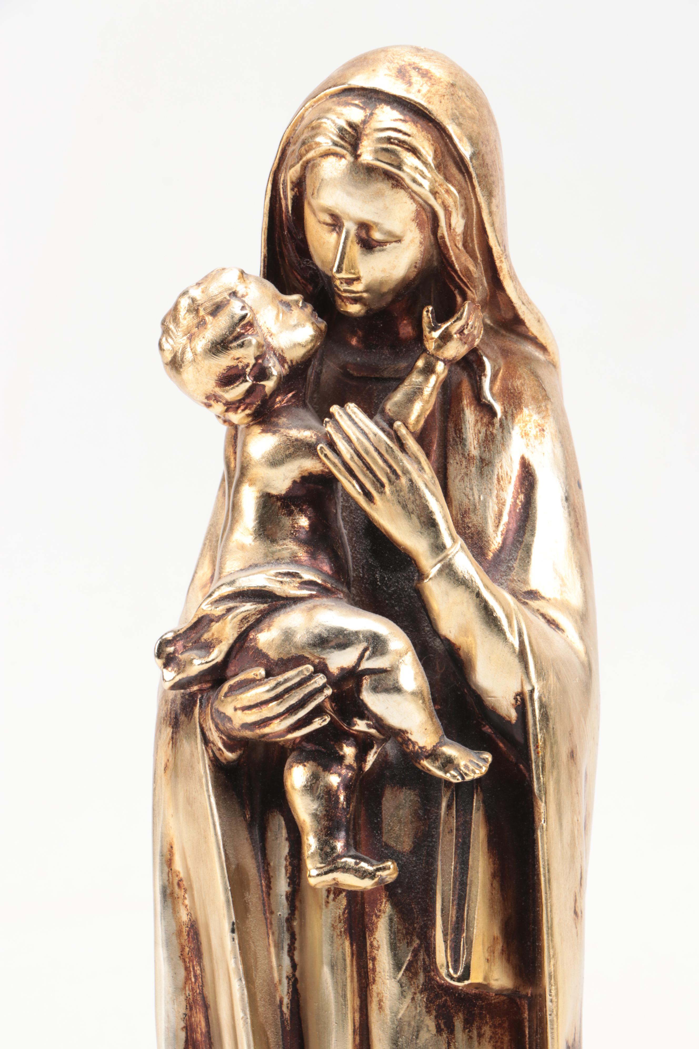 Gold Finished Ceramic Madonna and Child Figurine