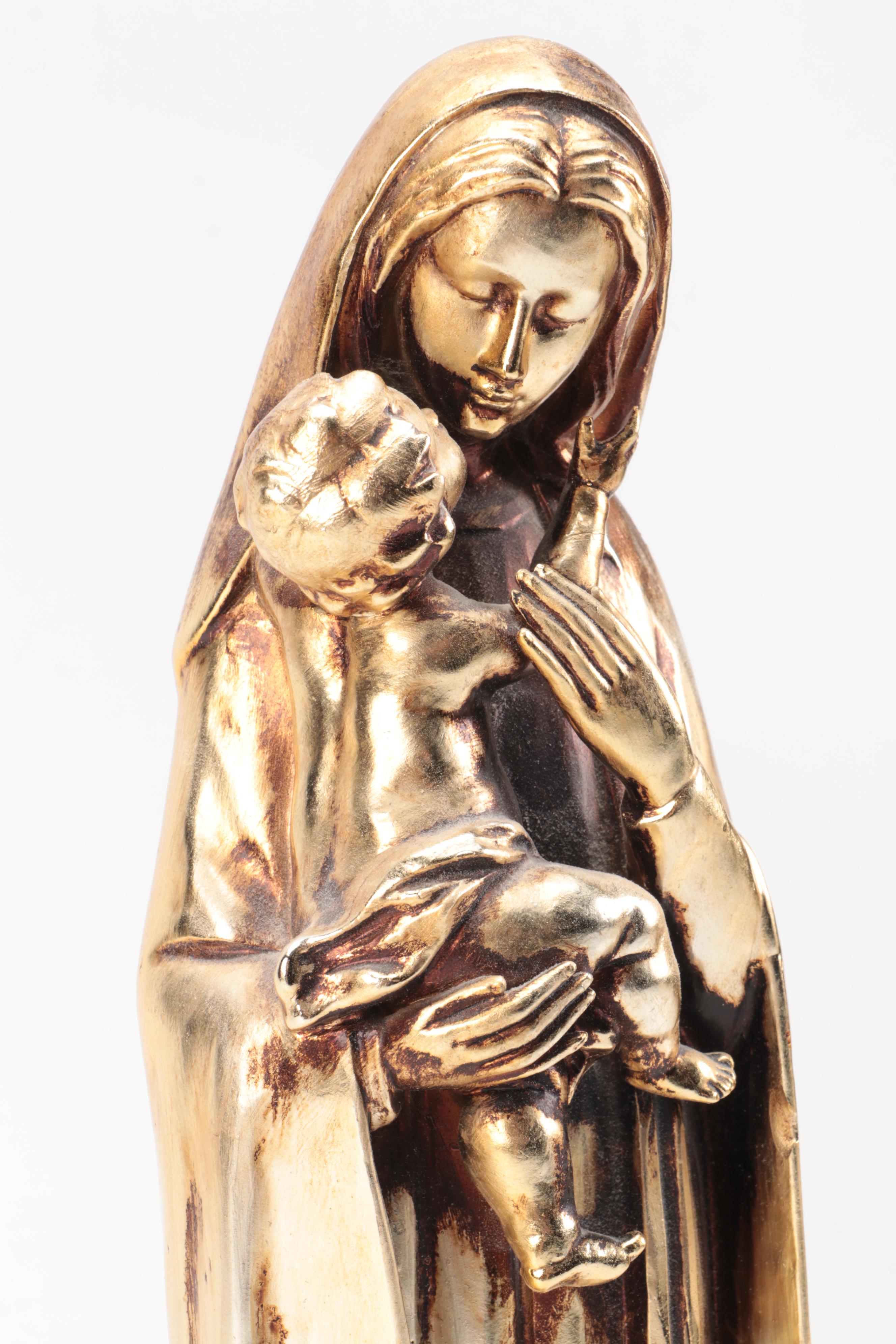 Gold Finished Ceramic Madonna and Child Figurine