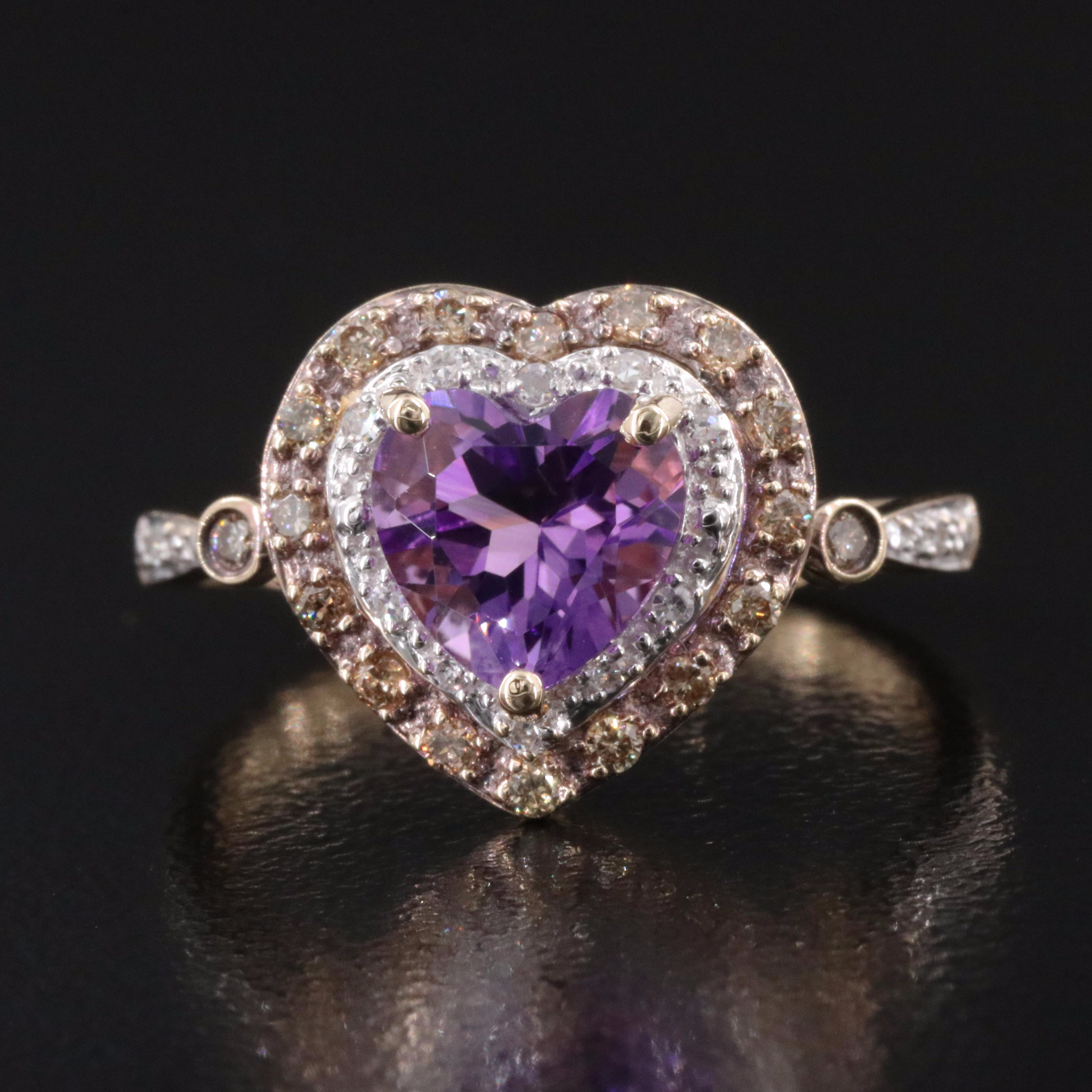 14K Amethyst and Diamond Heart Ring