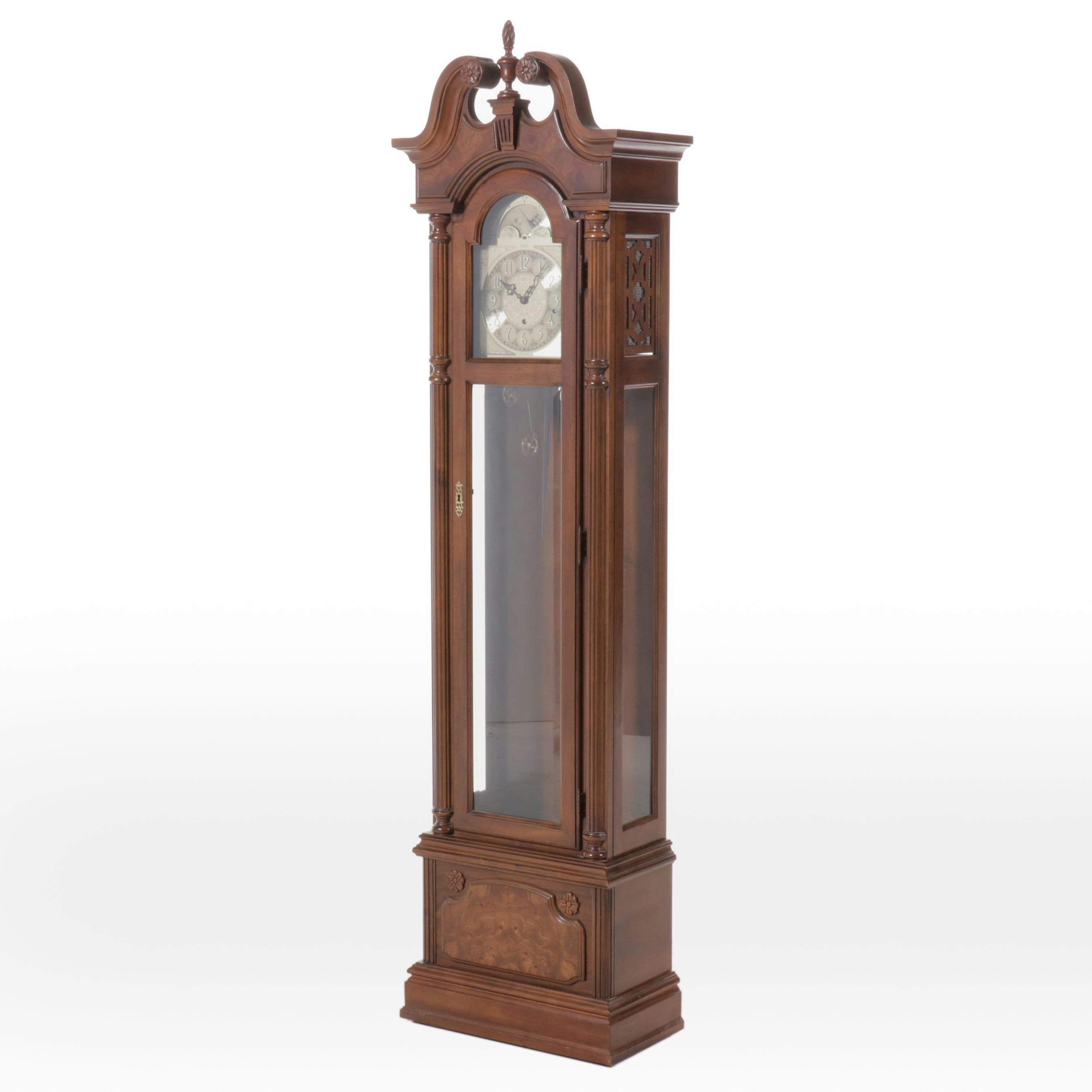 Pearl Mahogany and Burl Finished Wooden Grandfather Clock, 1980s
