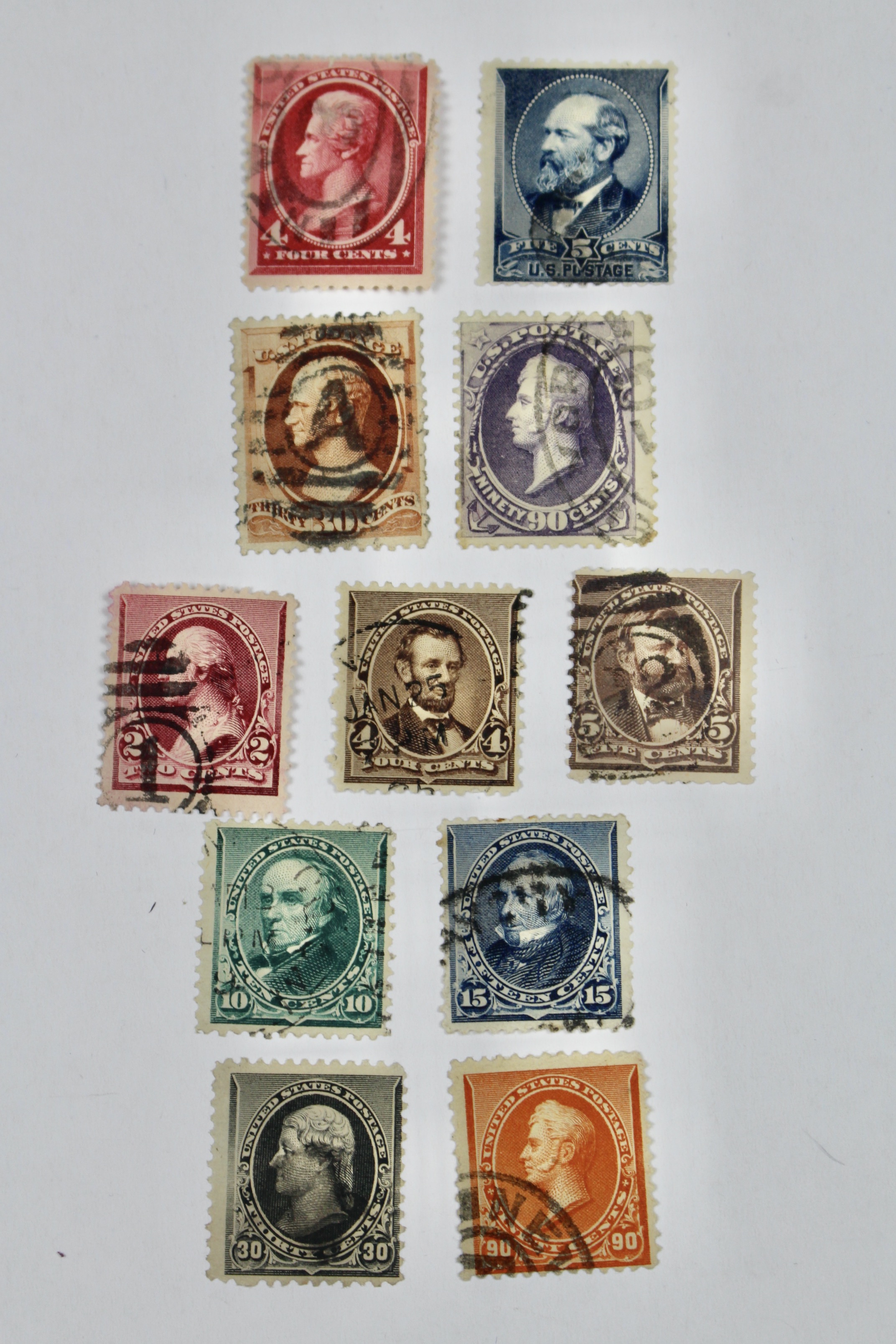 Eleven Early Used U.S. Postage Stamps, Scott 215 to 229, Late 1800s