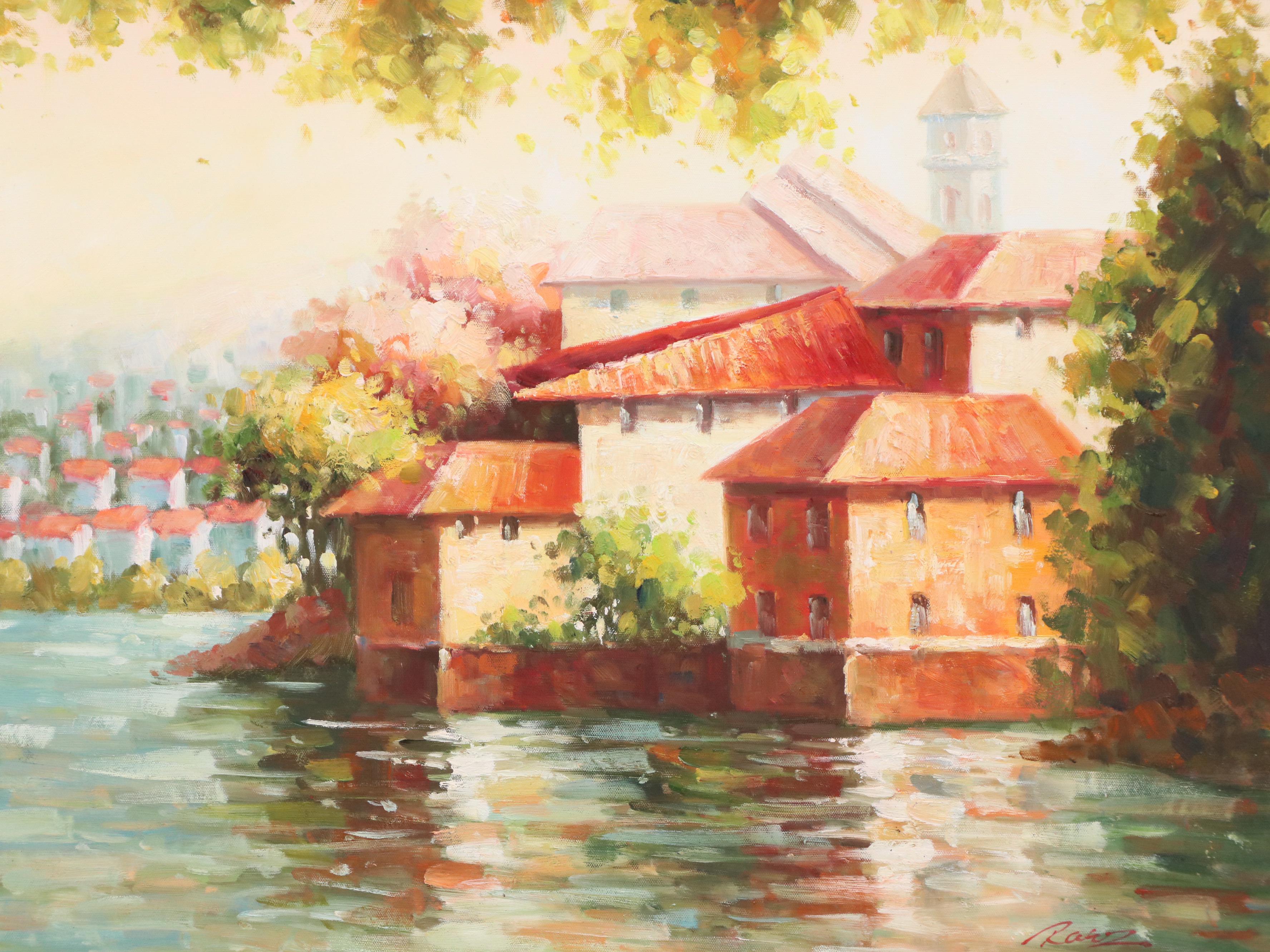 Oil Painting of Waterside Villa "Still Waters," Late 20th Century