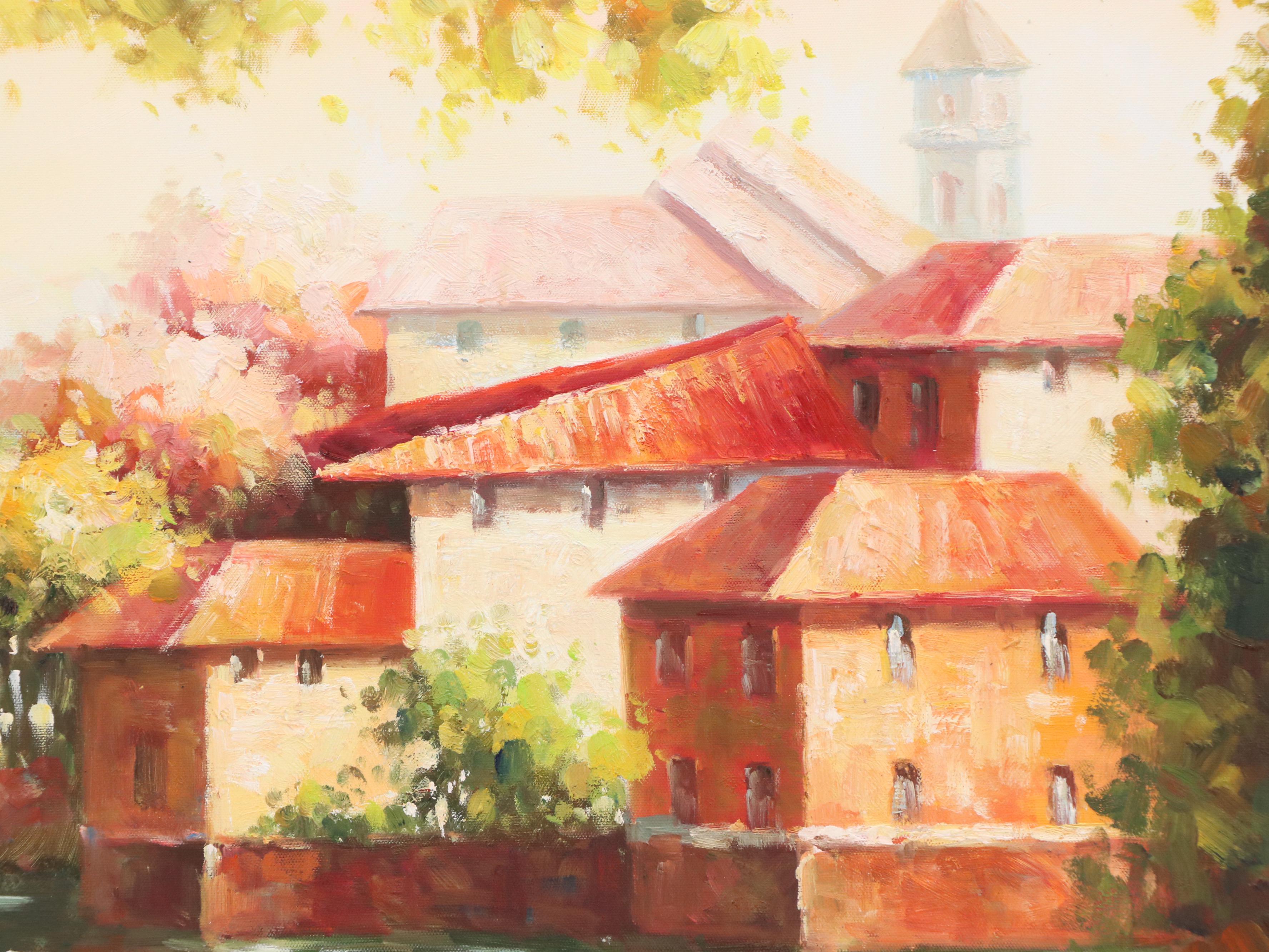 Oil Painting of Waterside Villa "Still Waters," Late 20th Century