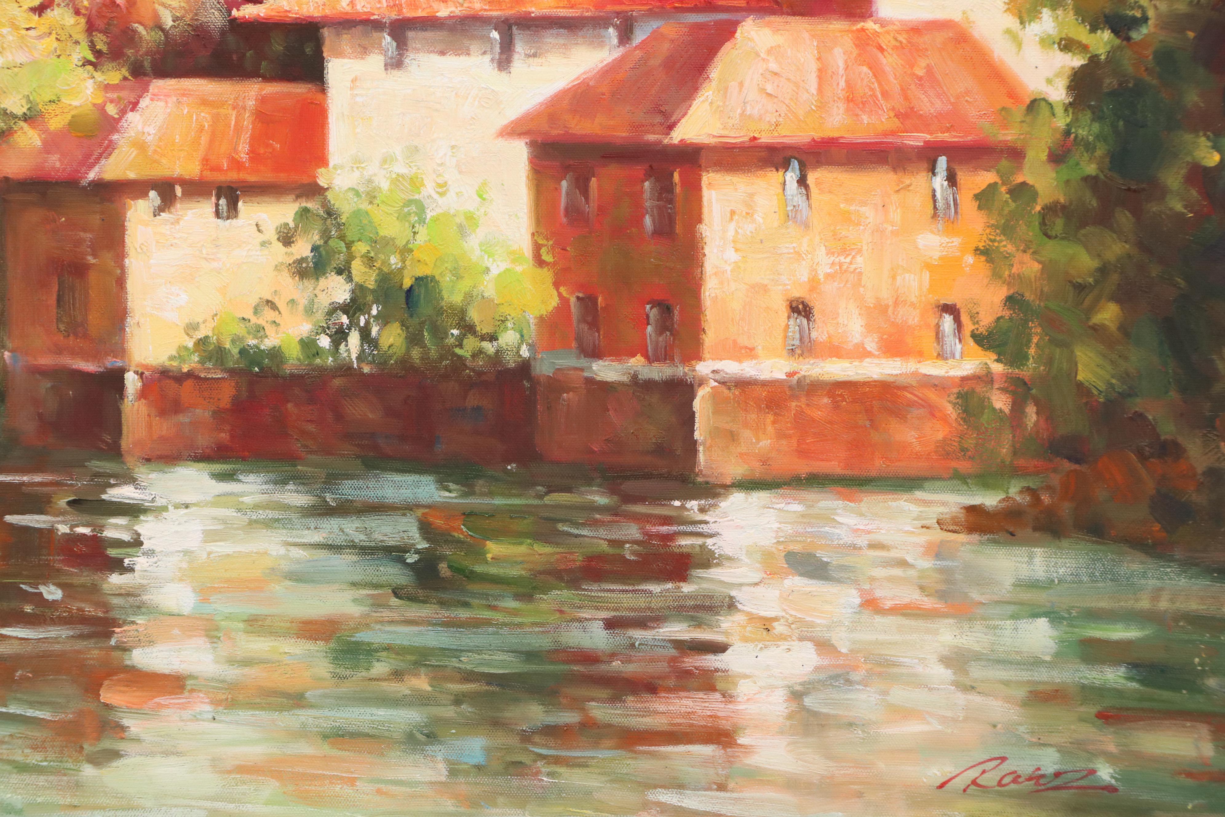 Oil Painting of Waterside Villa "Still Waters," Late 20th Century