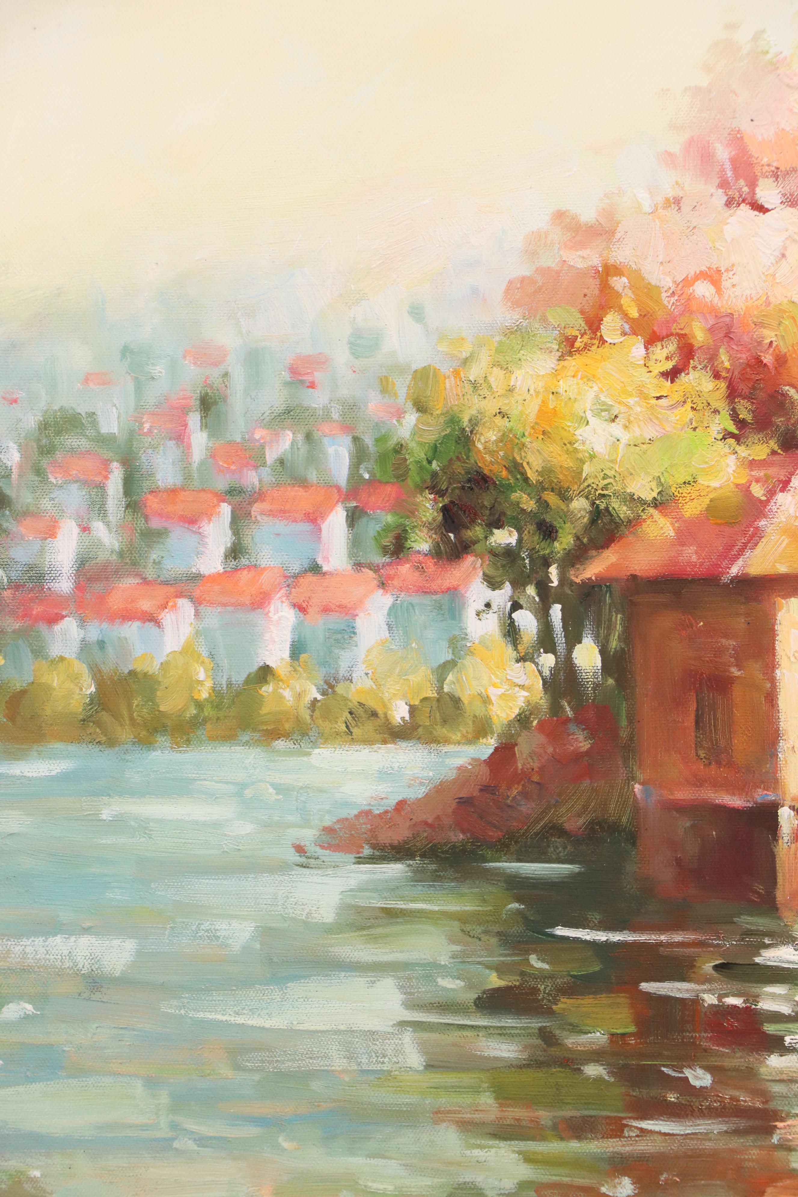 Oil Painting of Waterside Villa "Still Waters," Late 20th Century