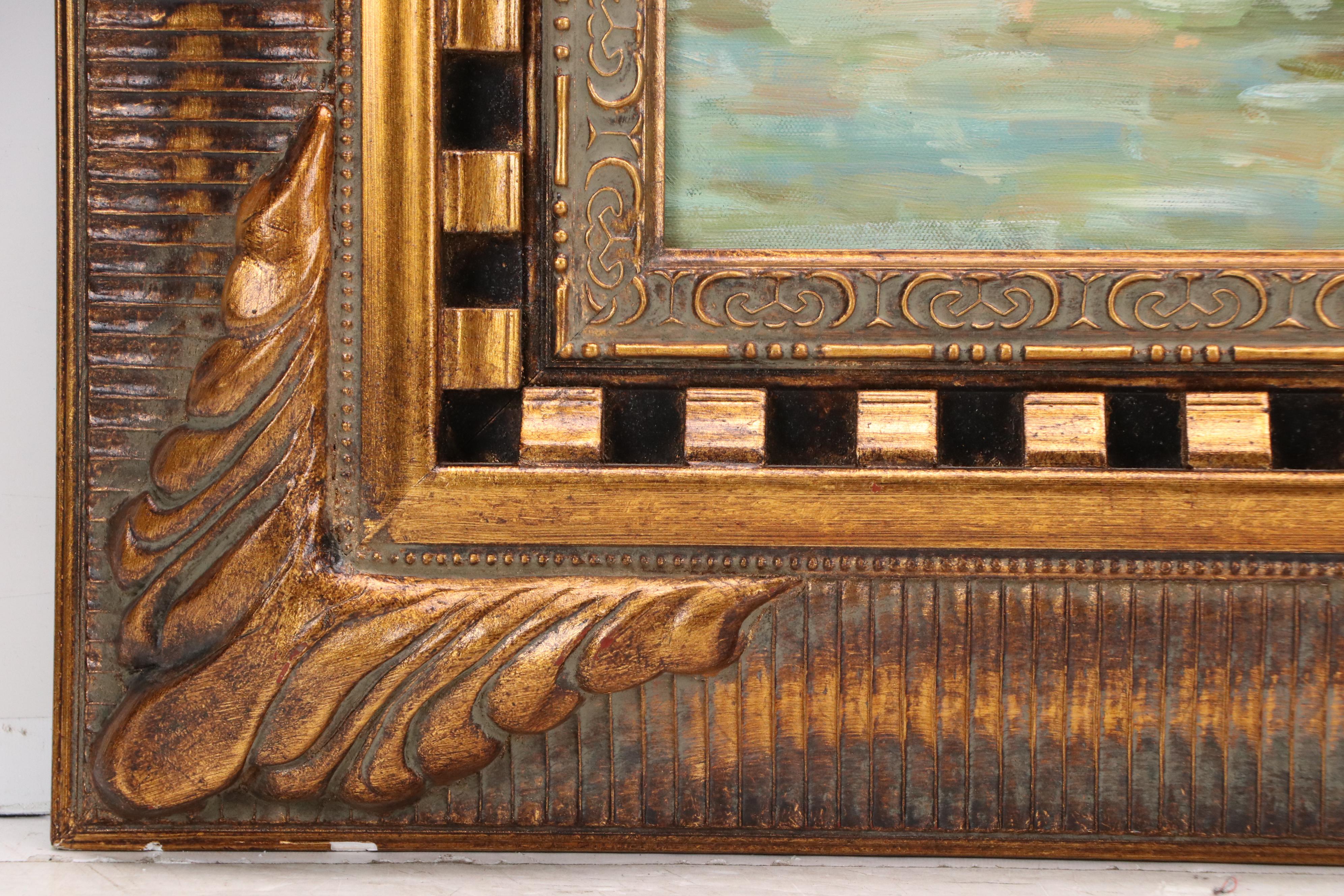 Oil Painting of Waterside Villa "Still Waters," Late 20th Century