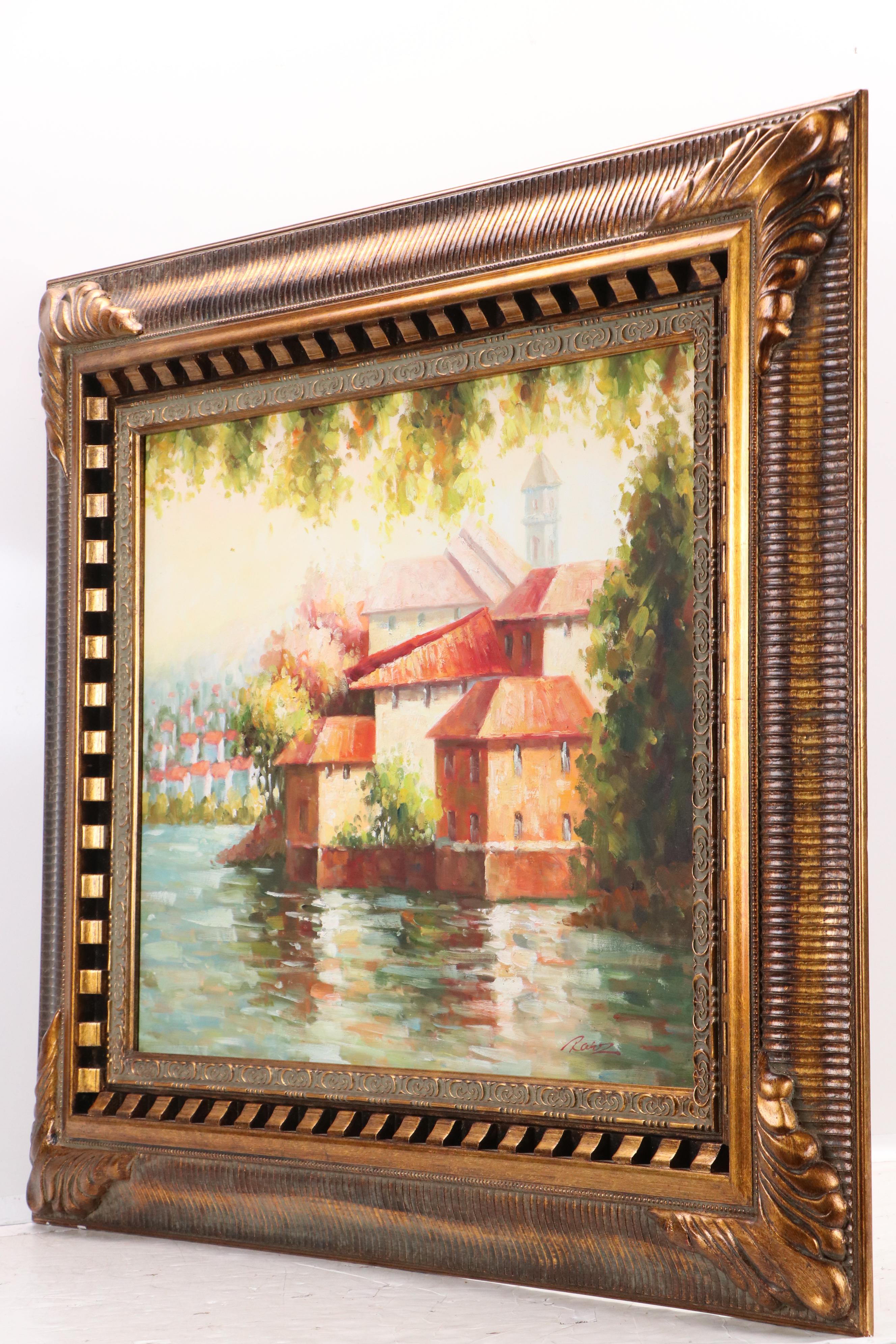 Oil Painting of Waterside Villa "Still Waters," Late 20th Century