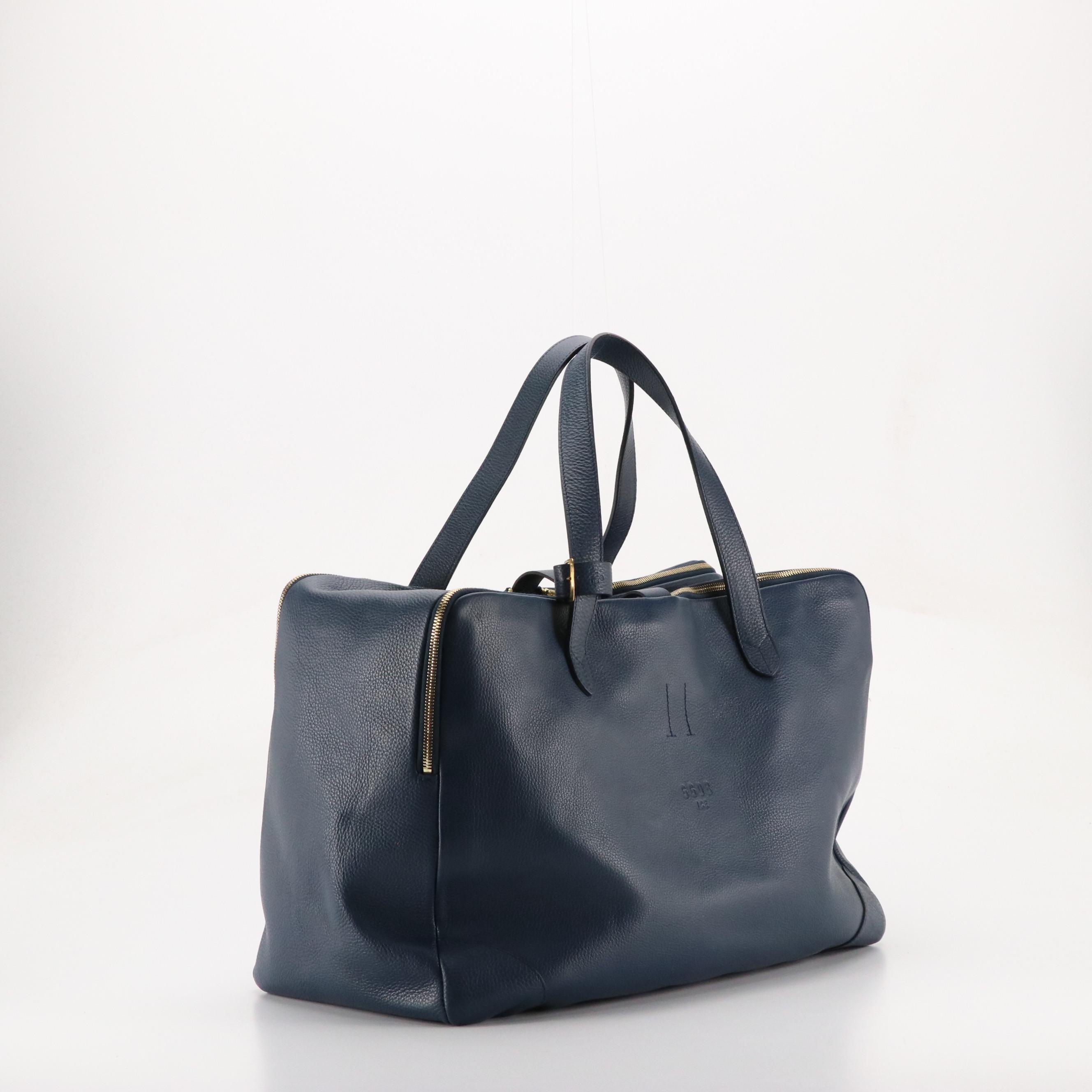 Golden Goose Zip Top Travel Bag in Deep Blue Grained Calfskin Leather
