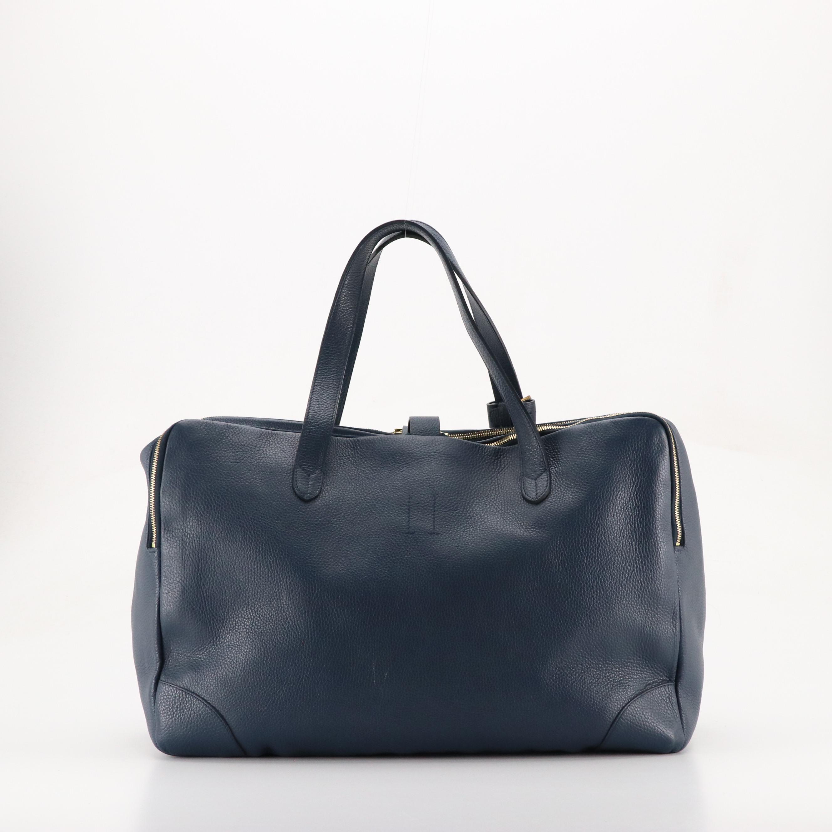 Golden Goose Zip Top Travel Bag in Deep Blue Grained Calfskin Leather