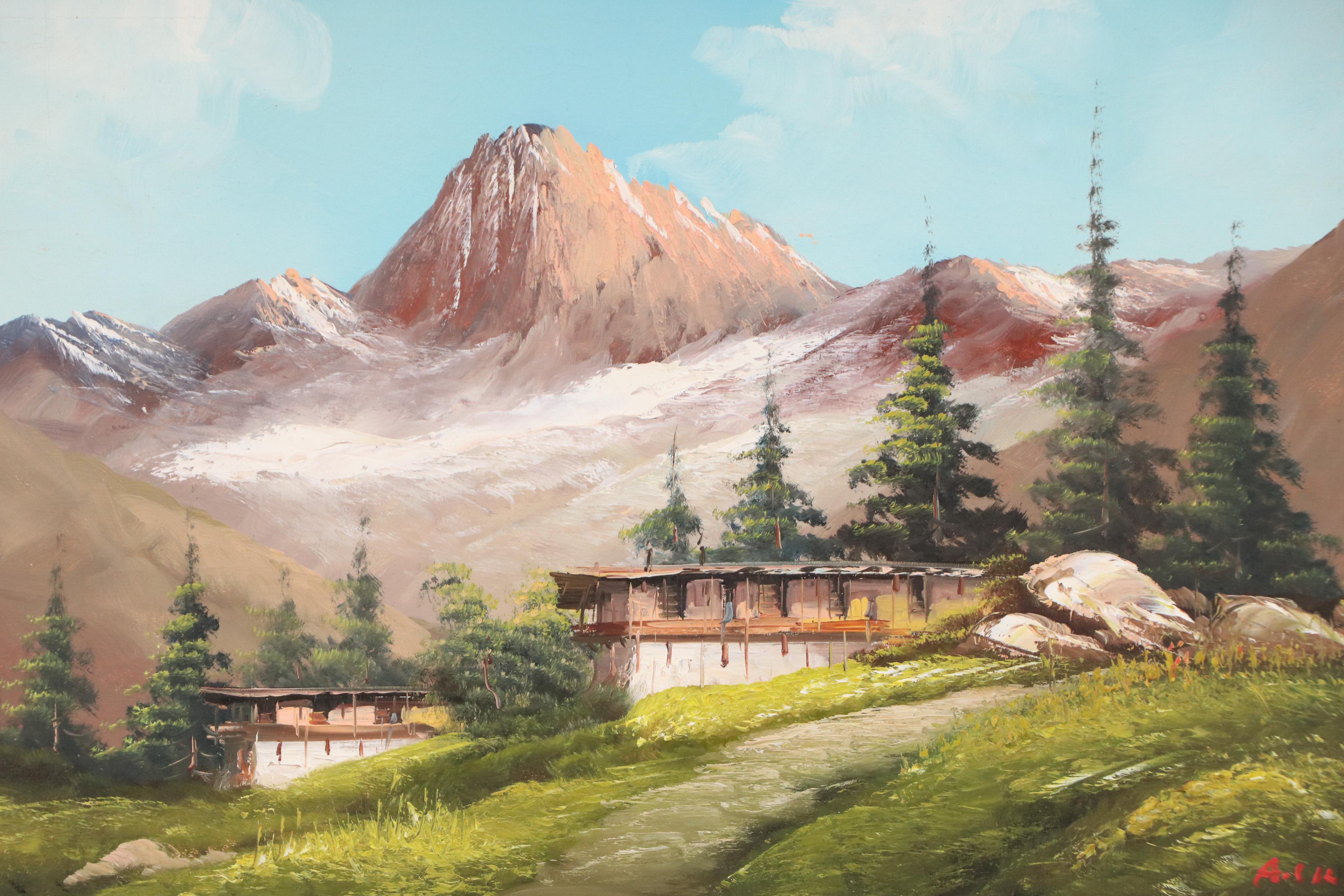 Oil Painting of Alpine Landscape With Chalets, Late 20th Century