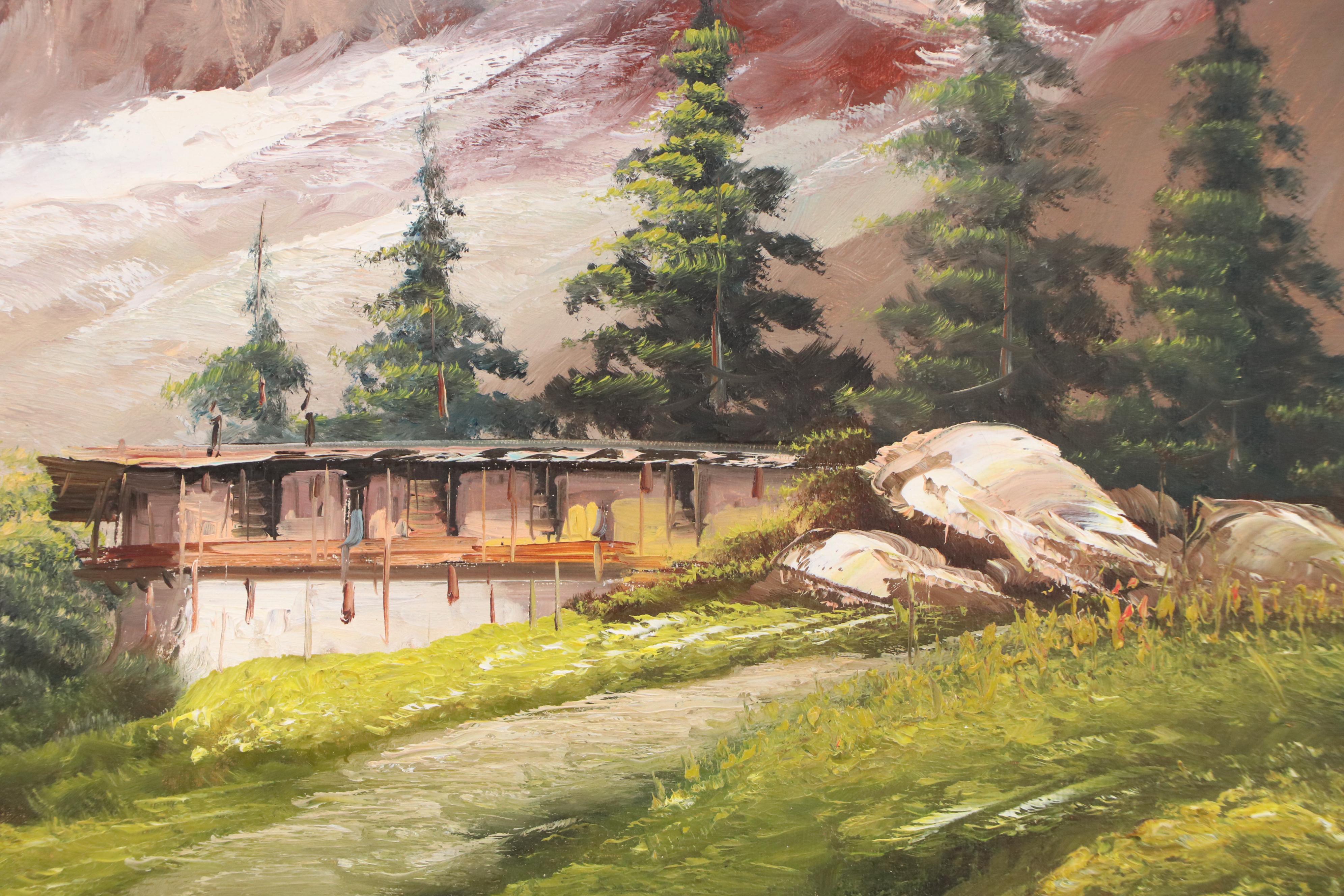 Oil Painting of Alpine Landscape With Chalets, Late 20th Century