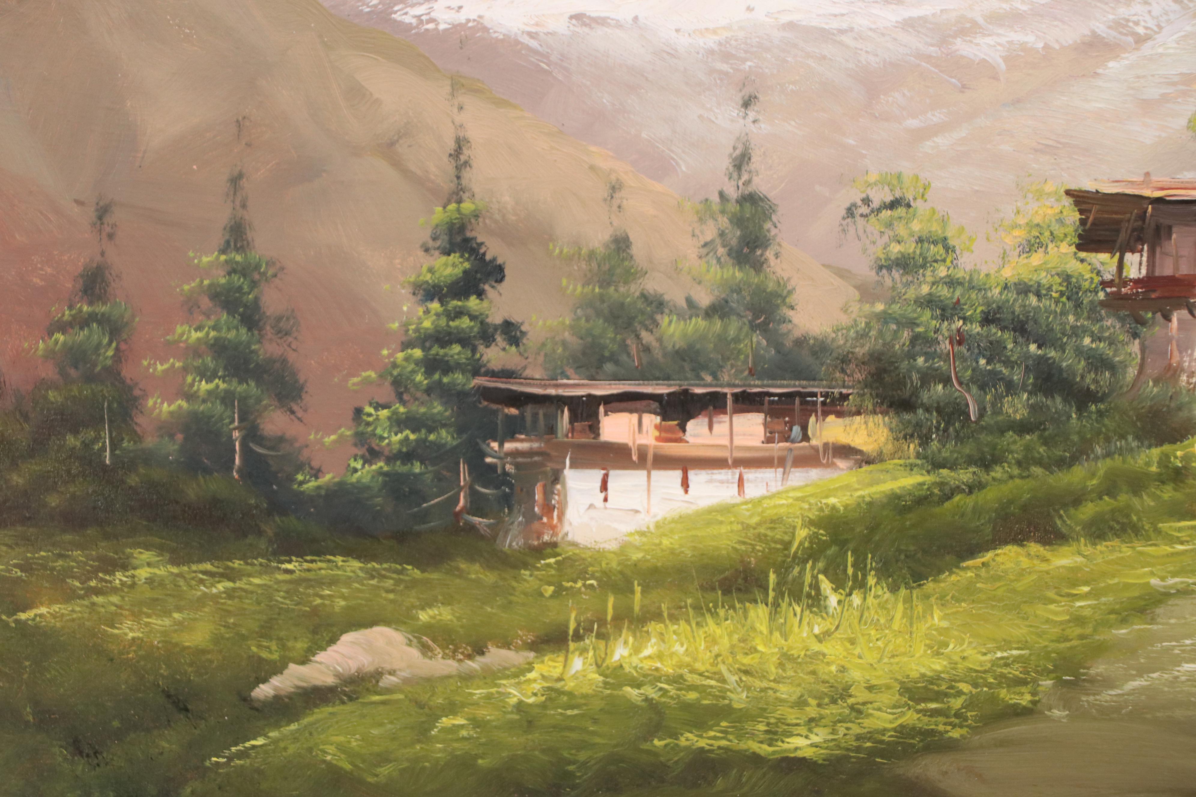 Oil Painting of Alpine Landscape With Chalets, Late 20th Century