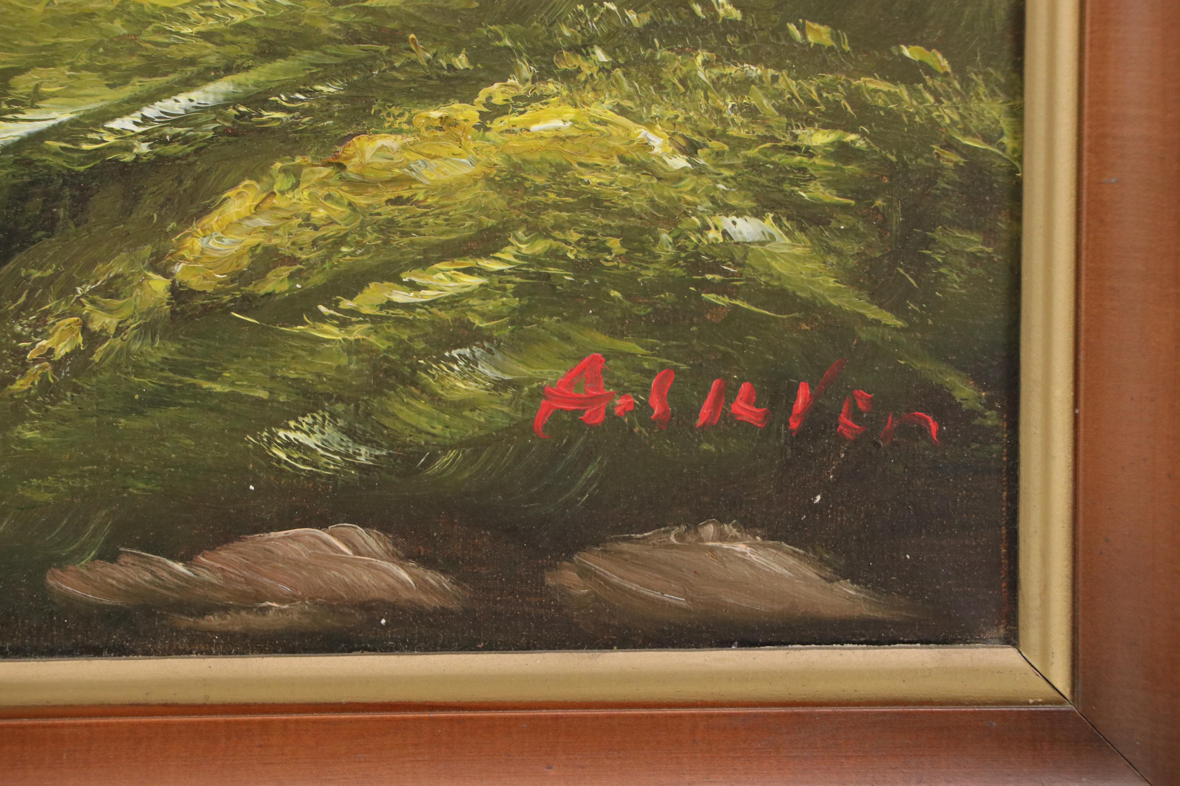 Oil Painting of Alpine Landscape With Chalets, Late 20th Century