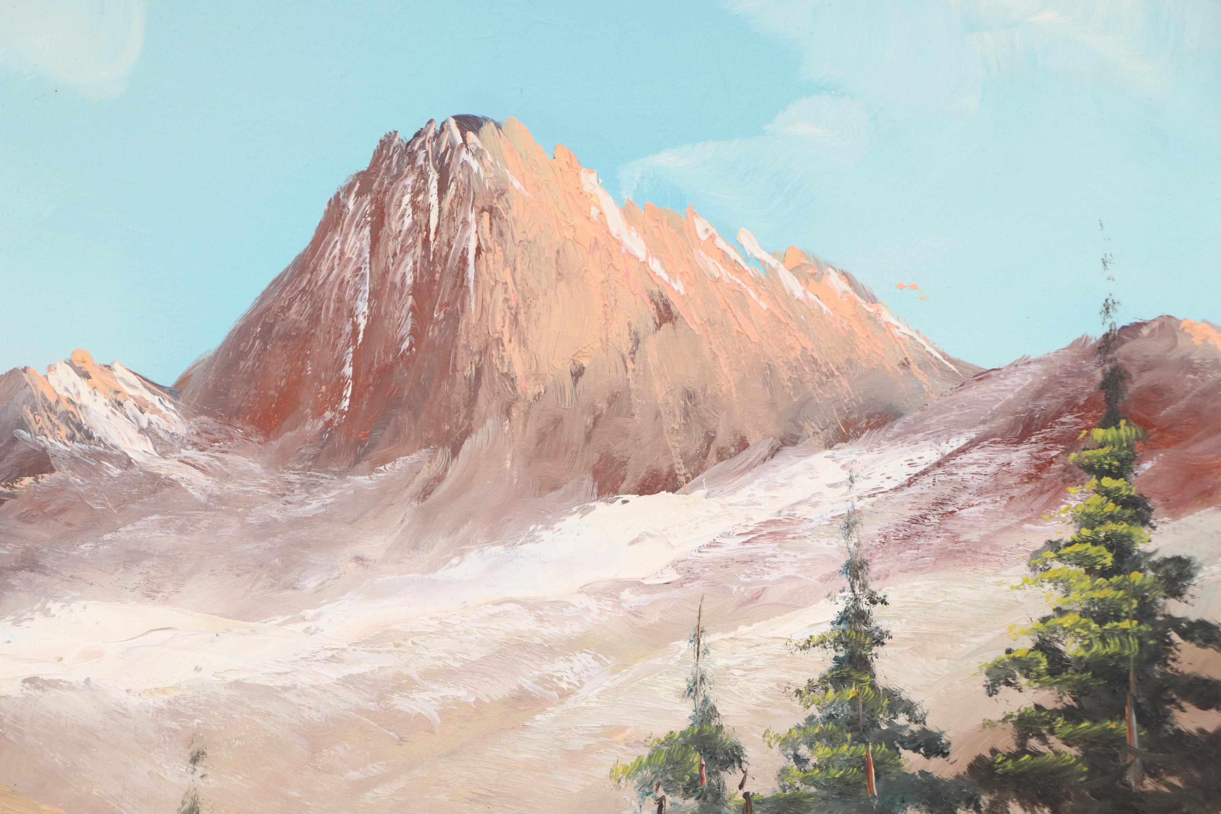 Oil Painting of Alpine Landscape With Chalets, Late 20th Century