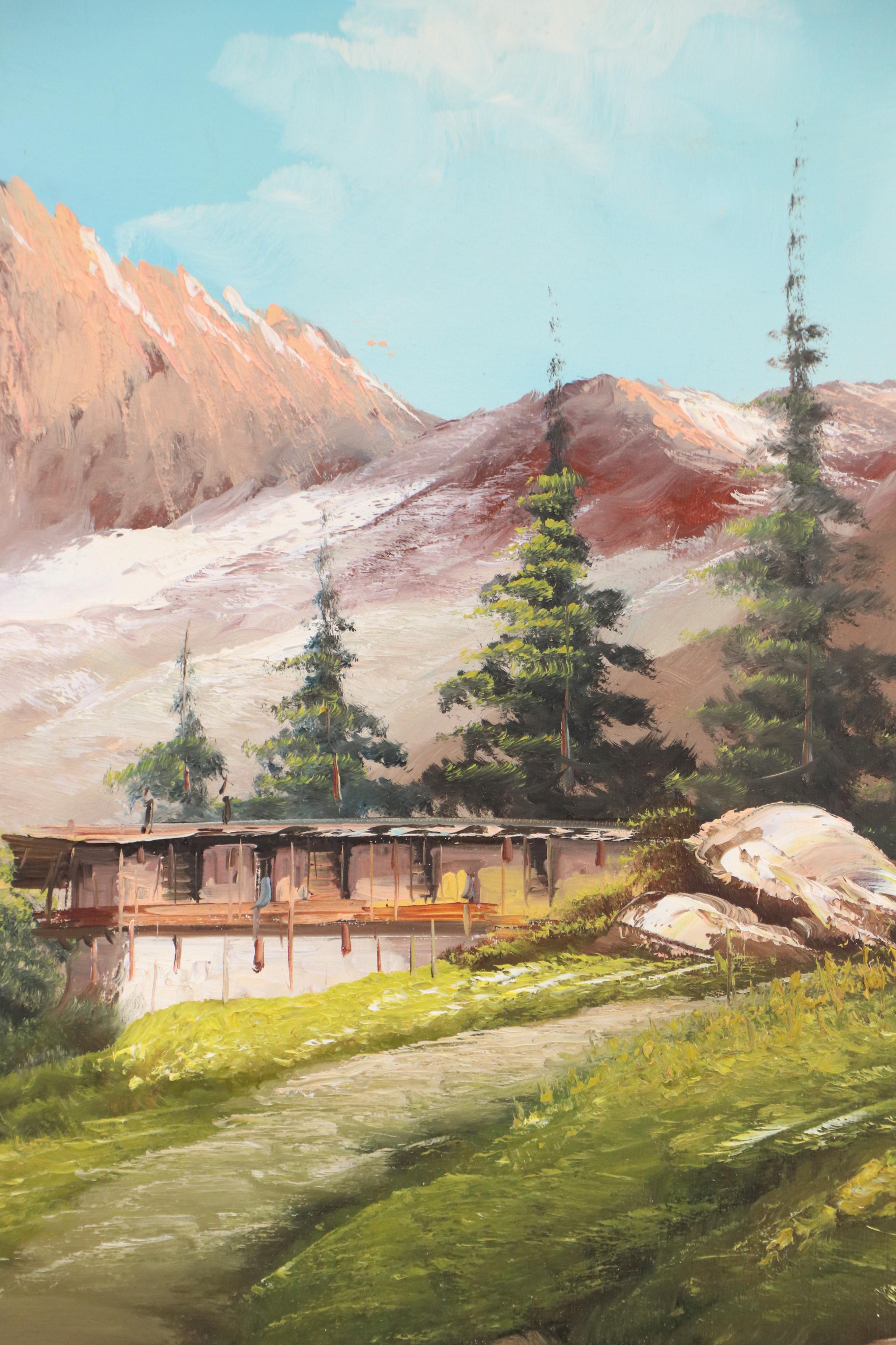 Oil Painting of Alpine Landscape With Chalets, Late 20th Century
