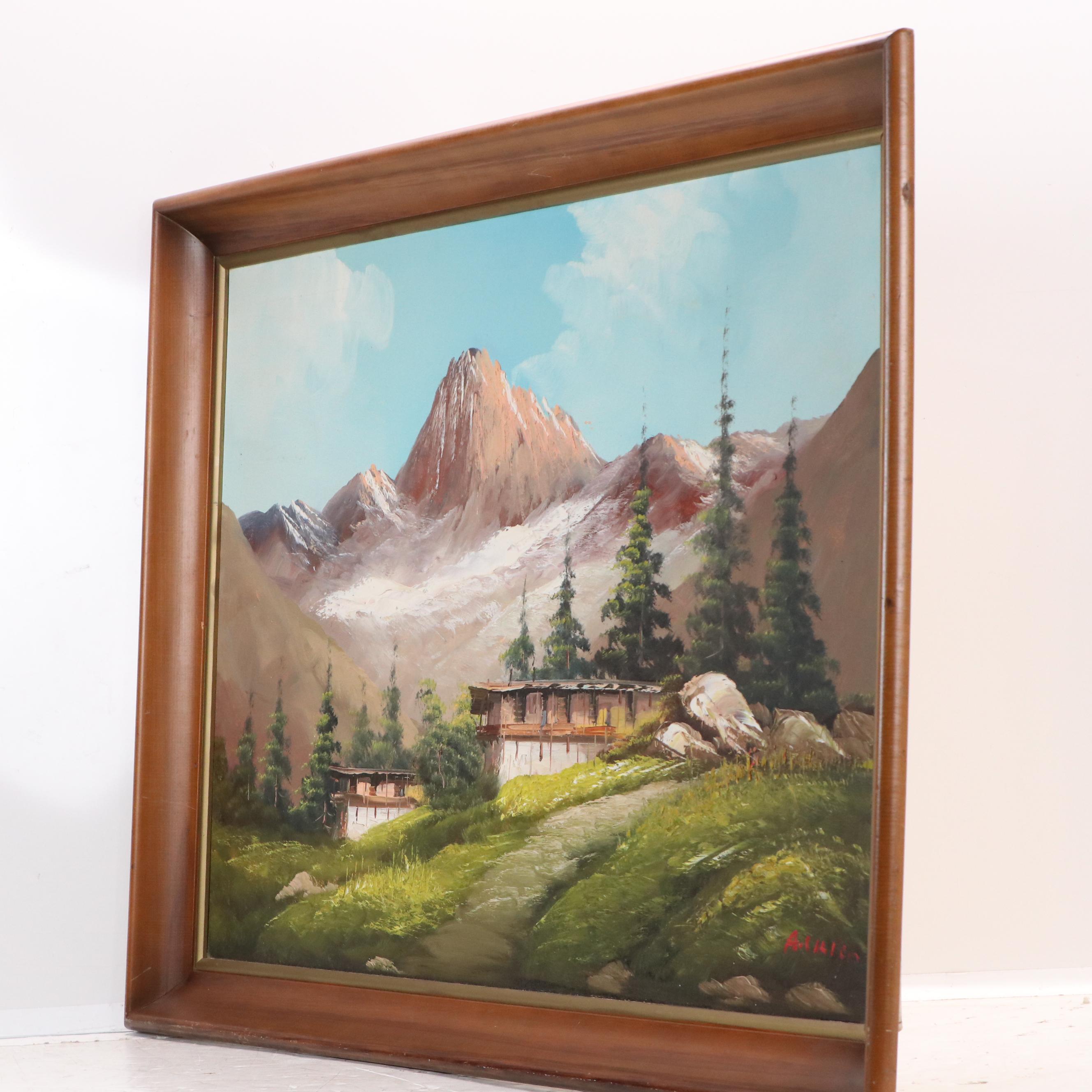 Oil Painting of Alpine Landscape With Chalets, Late 20th Century