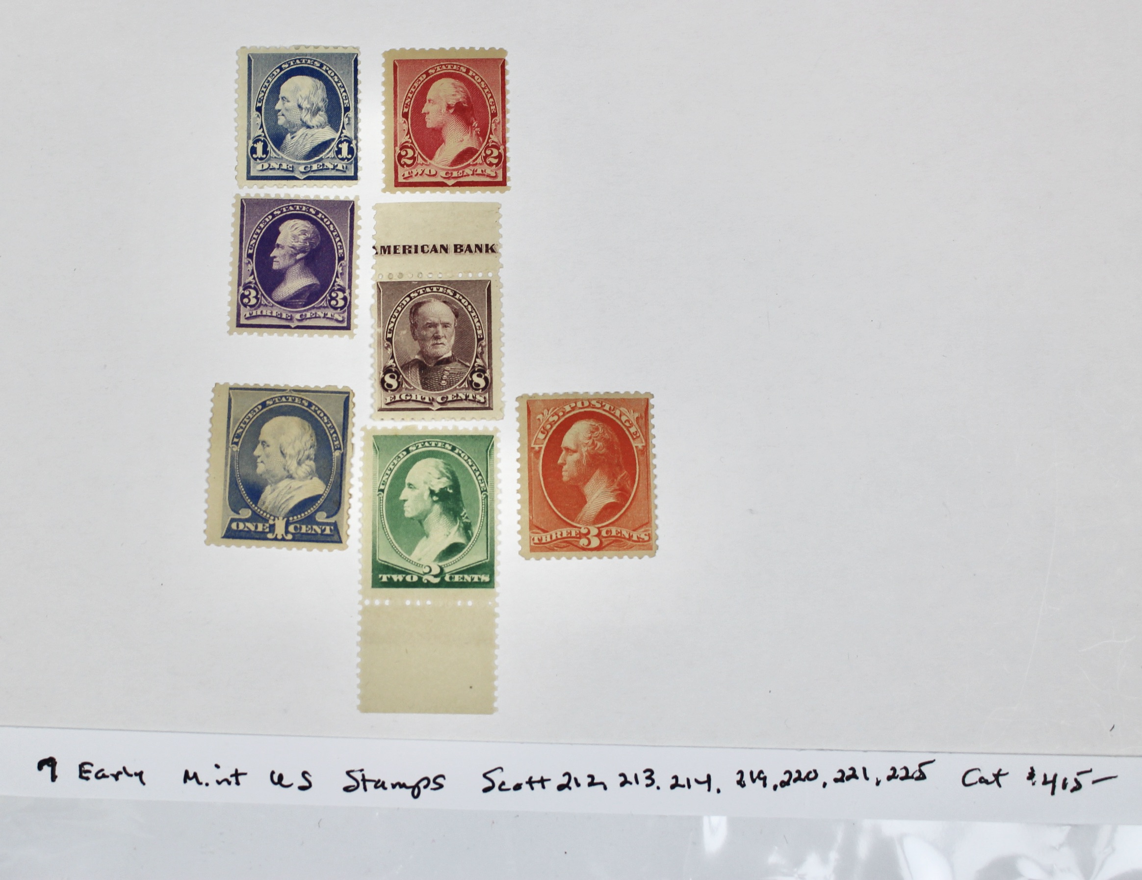 Seven Early Mint Condition U.S. Postage Stamps, Late 1800s