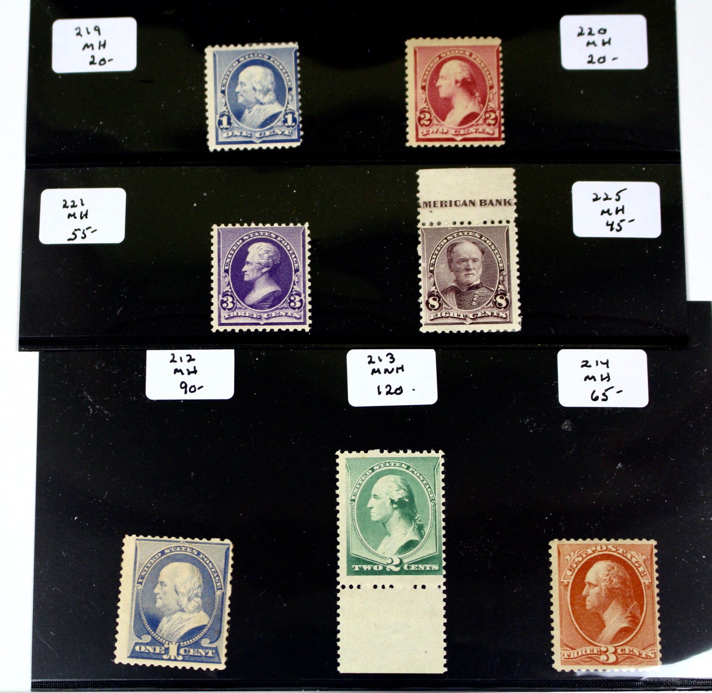 Seven Early Mint Condition U.S. Postage Stamps, Late 1800s