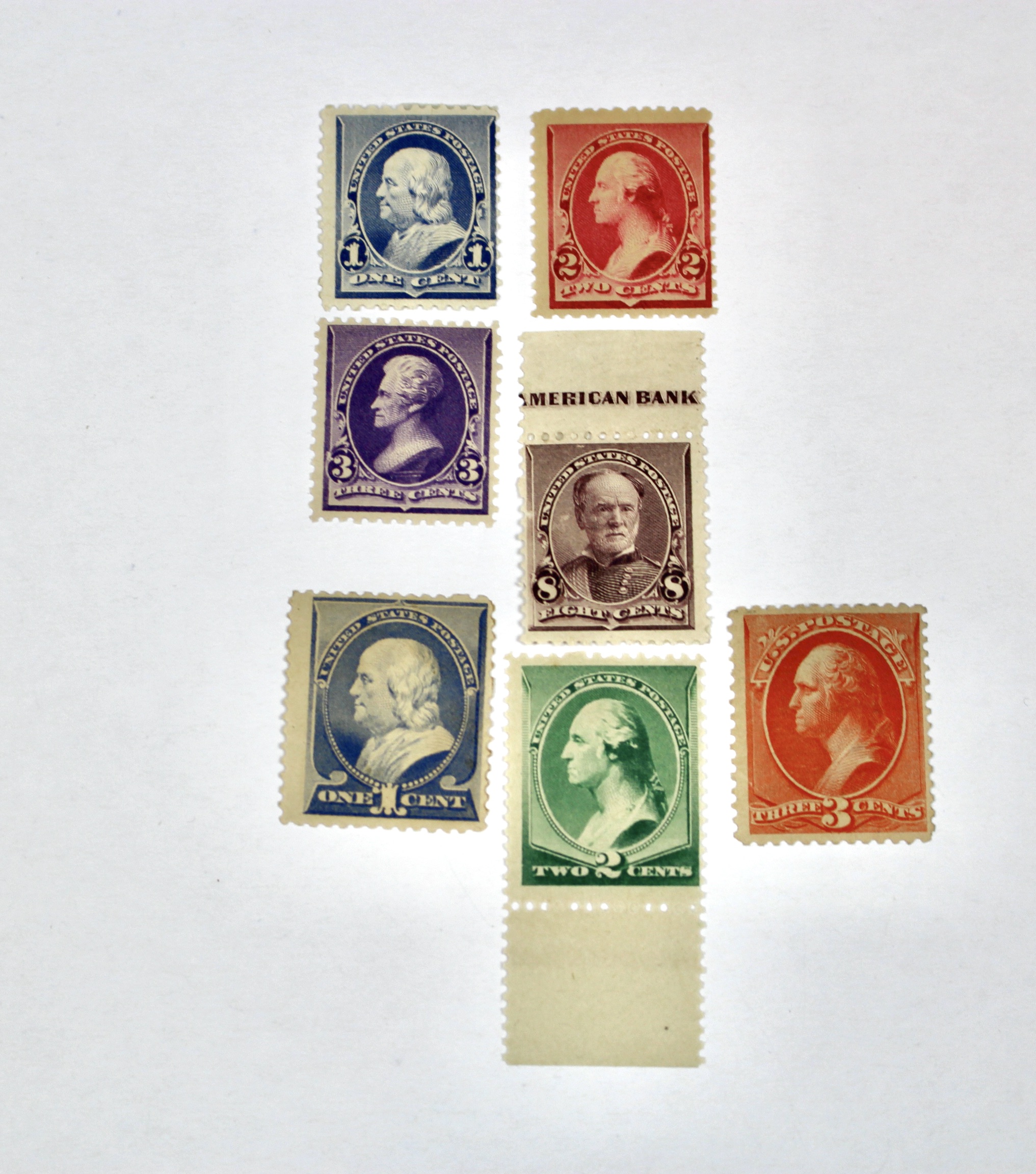 Seven Early Mint Condition U.S. Postage Stamps, Late 1800s