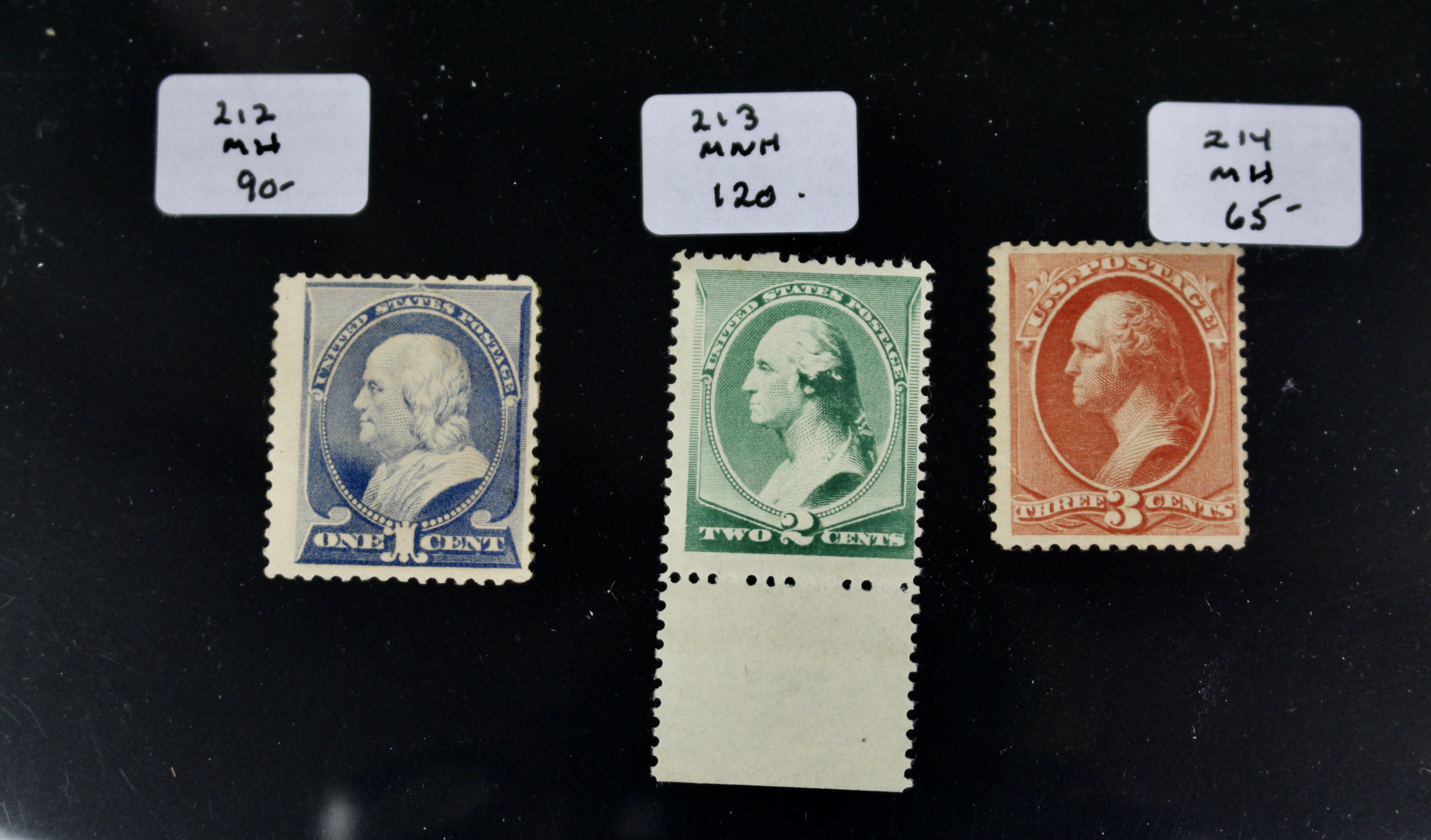 Seven Early Mint Condition U.S. Postage Stamps, Late 1800s