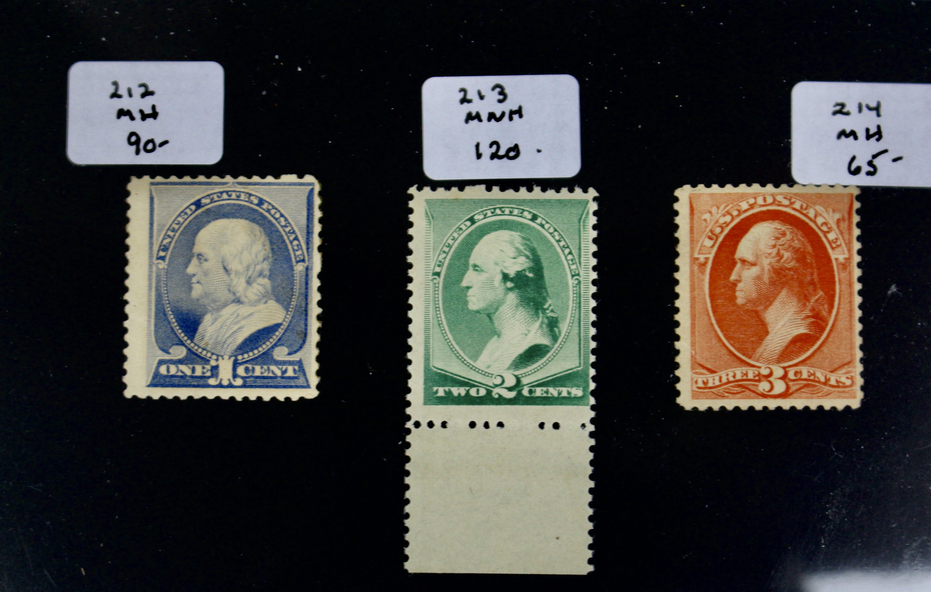 Seven Early Mint Condition U.S. Postage Stamps, Late 1800s