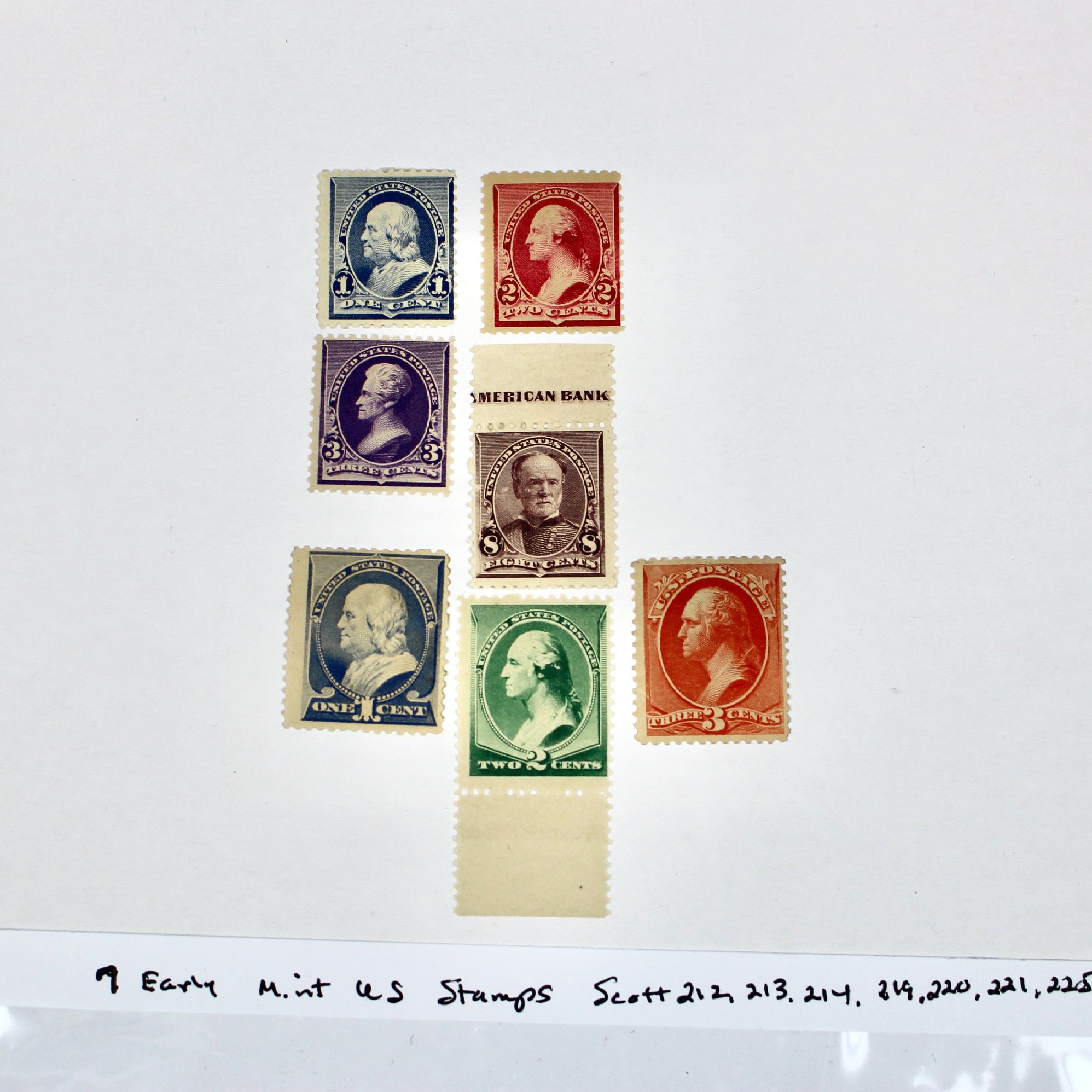 Seven Early Mint Condition U.S. Postage Stamps, Late 1800s